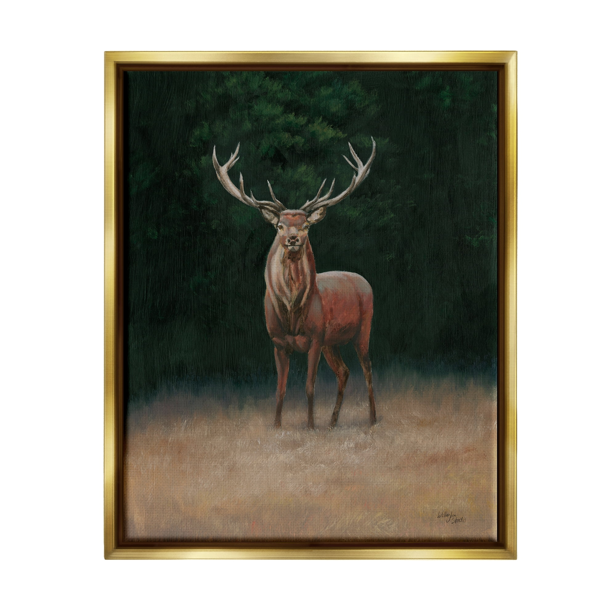 Stupell Industries Deer in Forest Clearing Animals & Insects Painting Gold Floater Framed Art Print Wall Art, 25 x 31