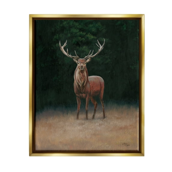 Stupell Industries Deer in Forest Clearing Animals & Insects Painting Gold Floater Framed Art Print Wall Art, 25 x 31