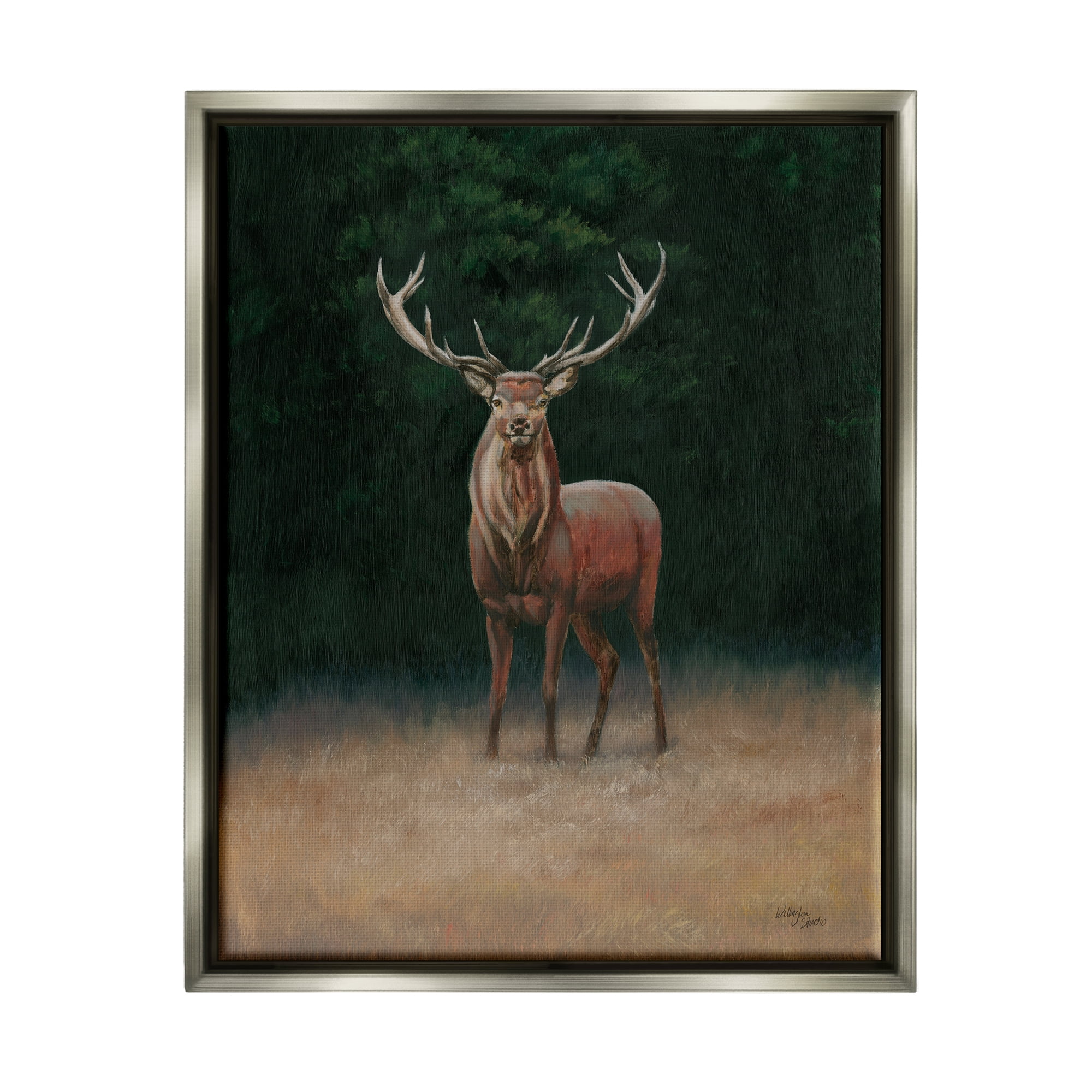 Stupell Industries Deer in Forest Clearing Animals & Insects Painting Gray Floater Framed Art Print Wall Art, 17 x 21