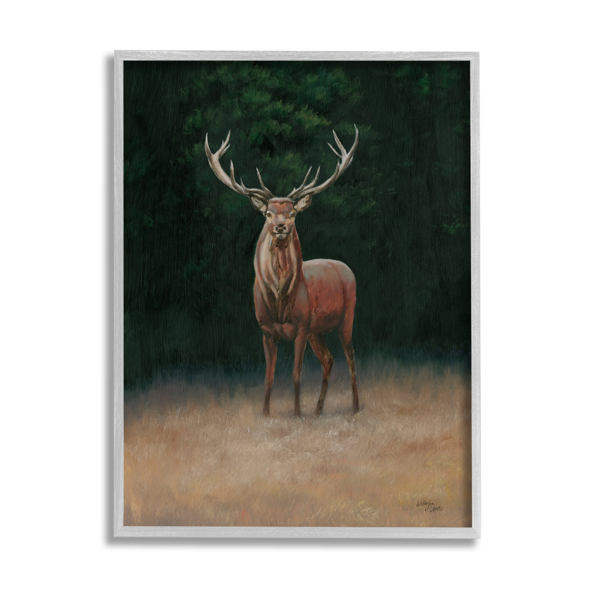 Stupell Industries Deer in Forest Clearing Animals & Insects Painting Gray Framed Art Print Wall Art, 11 x 14