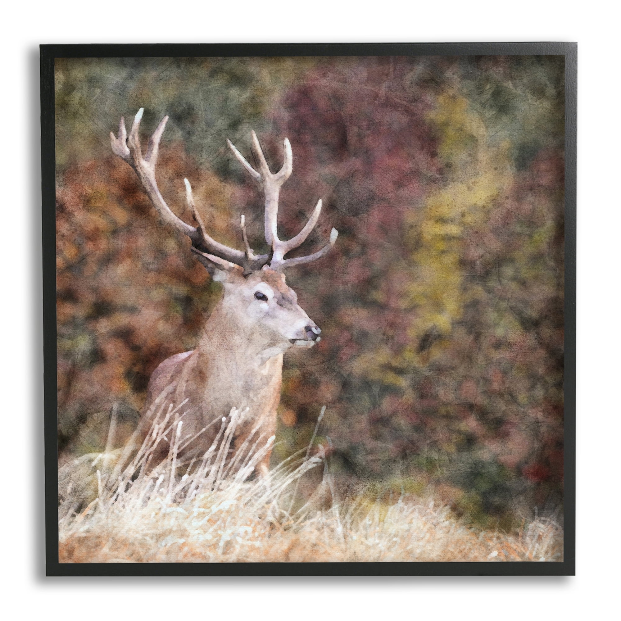 Stupell Industries Deer in Forest Nature Animals & Insects Painting Black Framed Art Print Wall Art, 17 x 17
