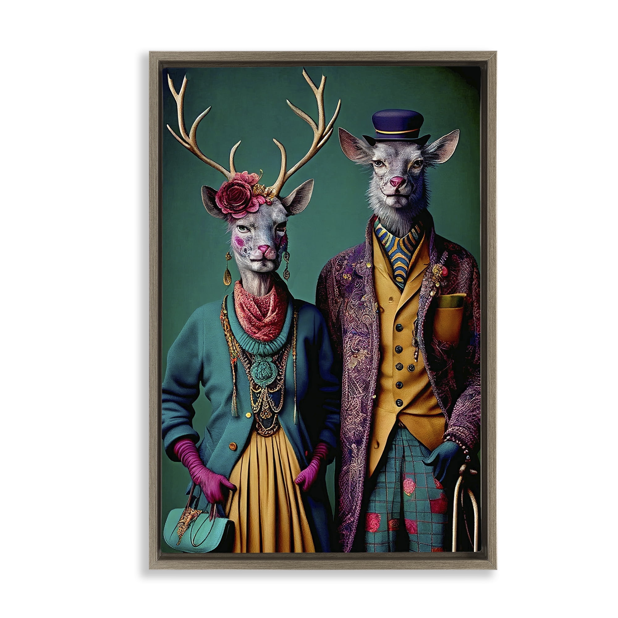 Stupell Industries Deer in Historic Clothes Novelty Painting Brown Floater Framed Canvas Art Print Wall Art, 21 x 31