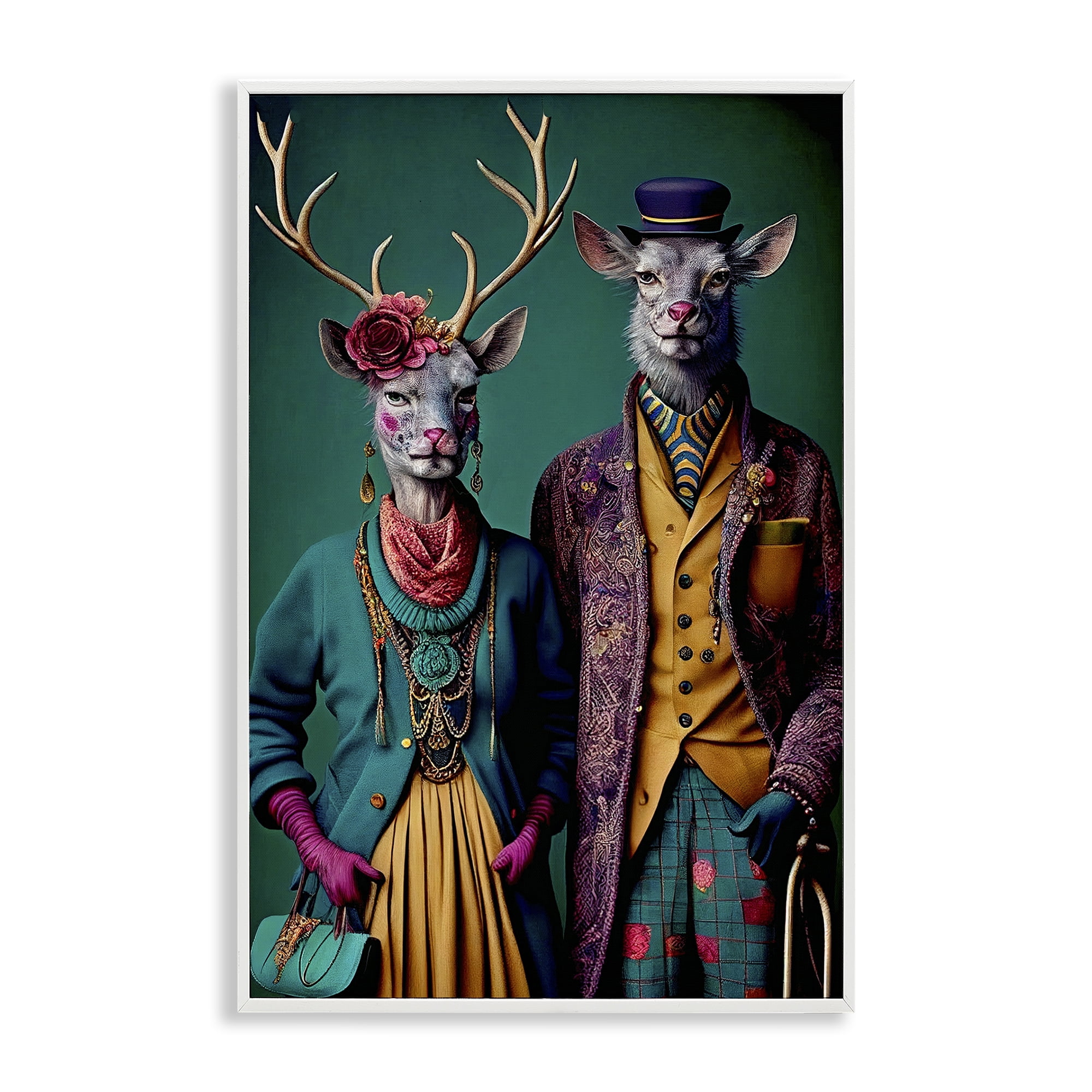 Stupell Industries Deer in Historic Clothes Novelty Painting White Framed Art Print Wall Art, 16 x 24