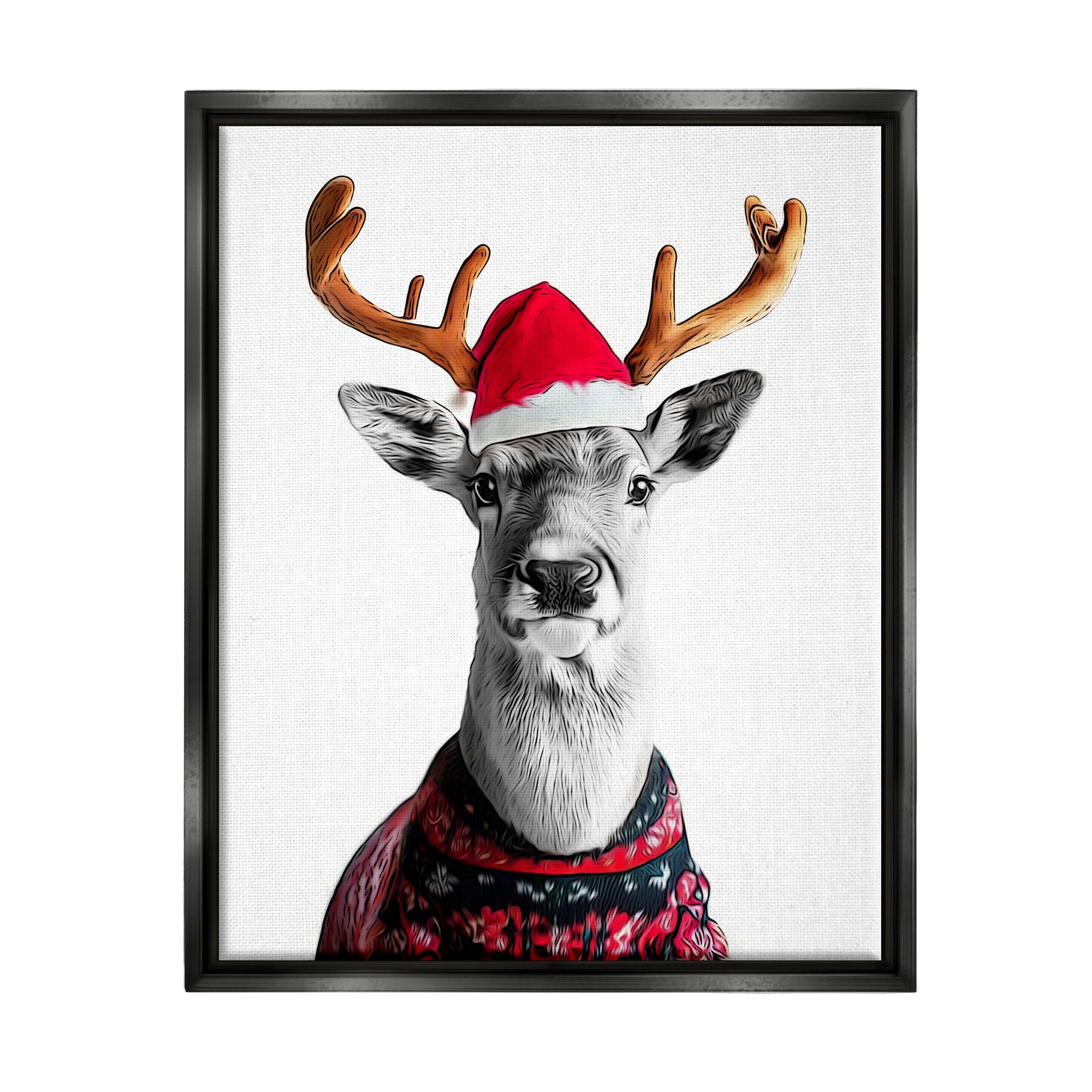 Stupell Industries Deer in Holiday Sweater Holiday Painting Black Floater Framed Canvas Art Print Wall Art, 17 x 21