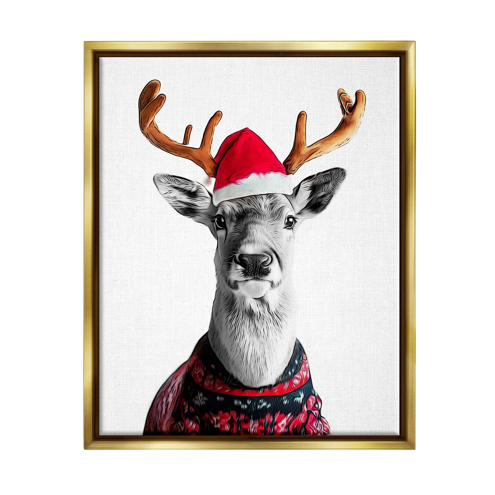 Stupell Industries Deer in Holiday Sweater Holiday Painting Gold Floater Framed Canvas Art Print Wall Art, 17 x 21