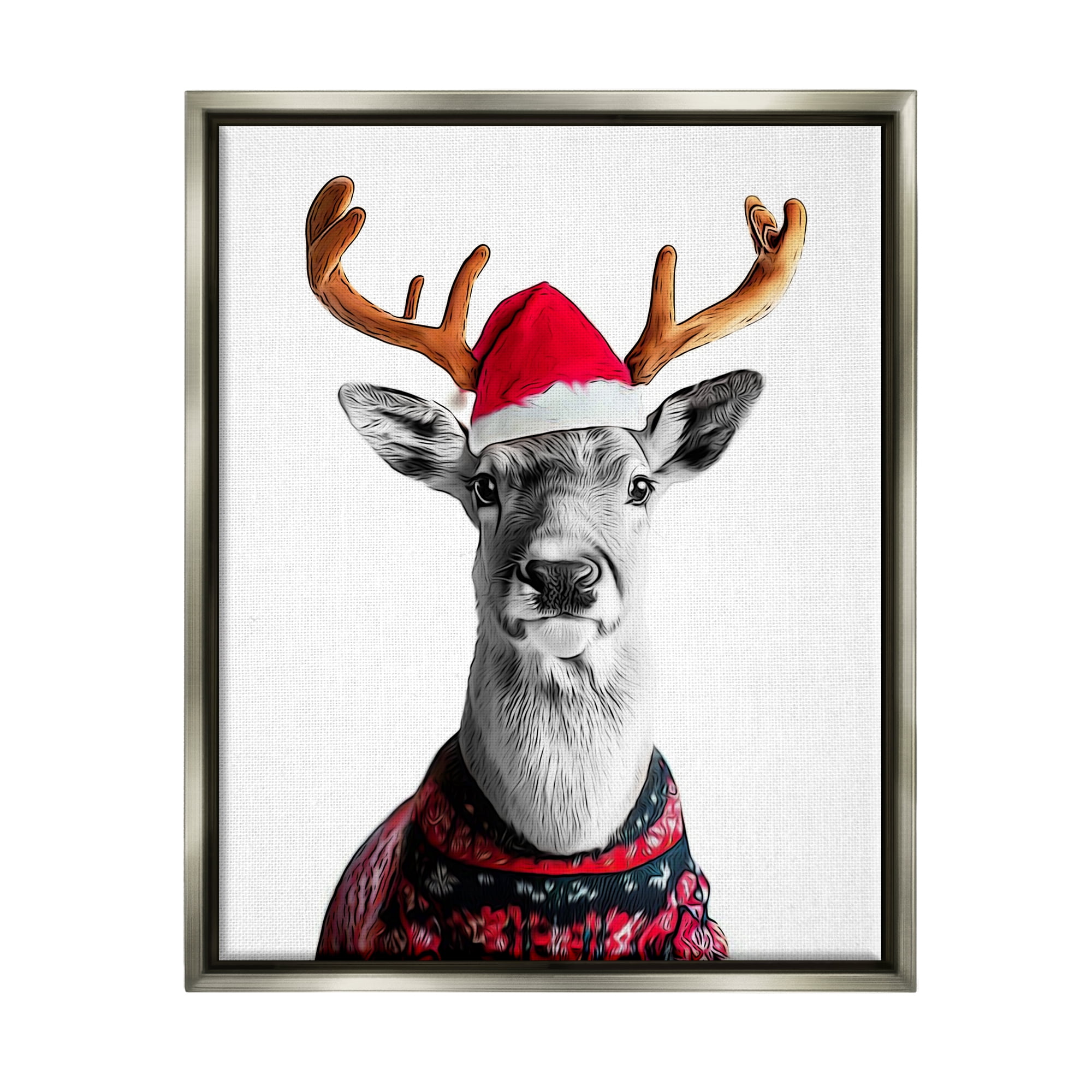 Stupell Industries Deer in Holiday Sweater Holiday Painting Gray Floater Framed Canvas Art Print Wall Art, 17 x 21