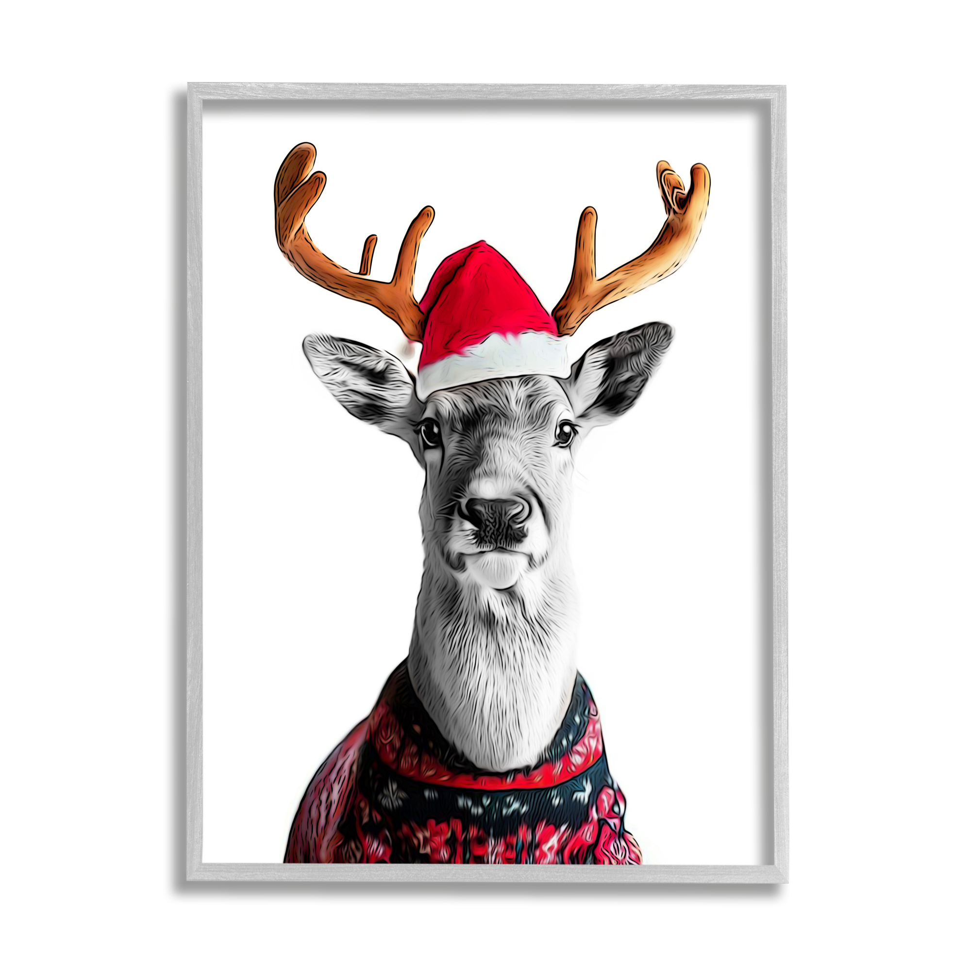 Stupell Industries Deer in Holiday Sweater Holiday Painting Gray Framed Art Print Wall Art, 24 x 30