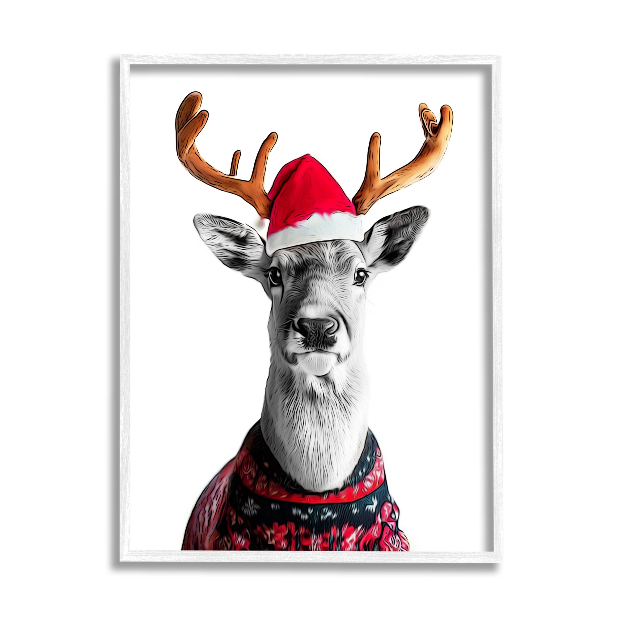 Stupell Industries Deer in Holiday Sweater Holiday Painting White Framed Art Print Wall Art, 11 x 14