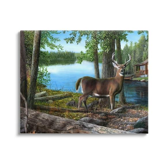 Stupell Industries Deer in Lake Cabin Forest Animals & Insects Painting Gallery Wrapped Canvas Print Wall Art, 20 x 16