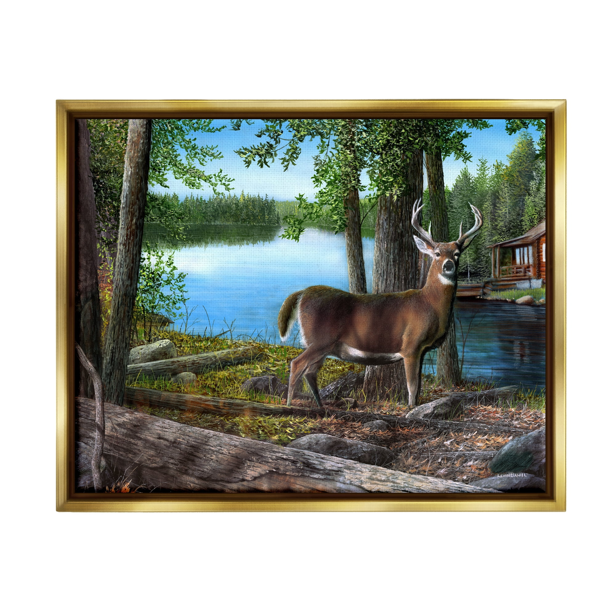 Stupell Industries Deer in Lake Cabin Forest Animals & Insects Painting Gold Floater Framed Art Print Wall Art, 21 x 17