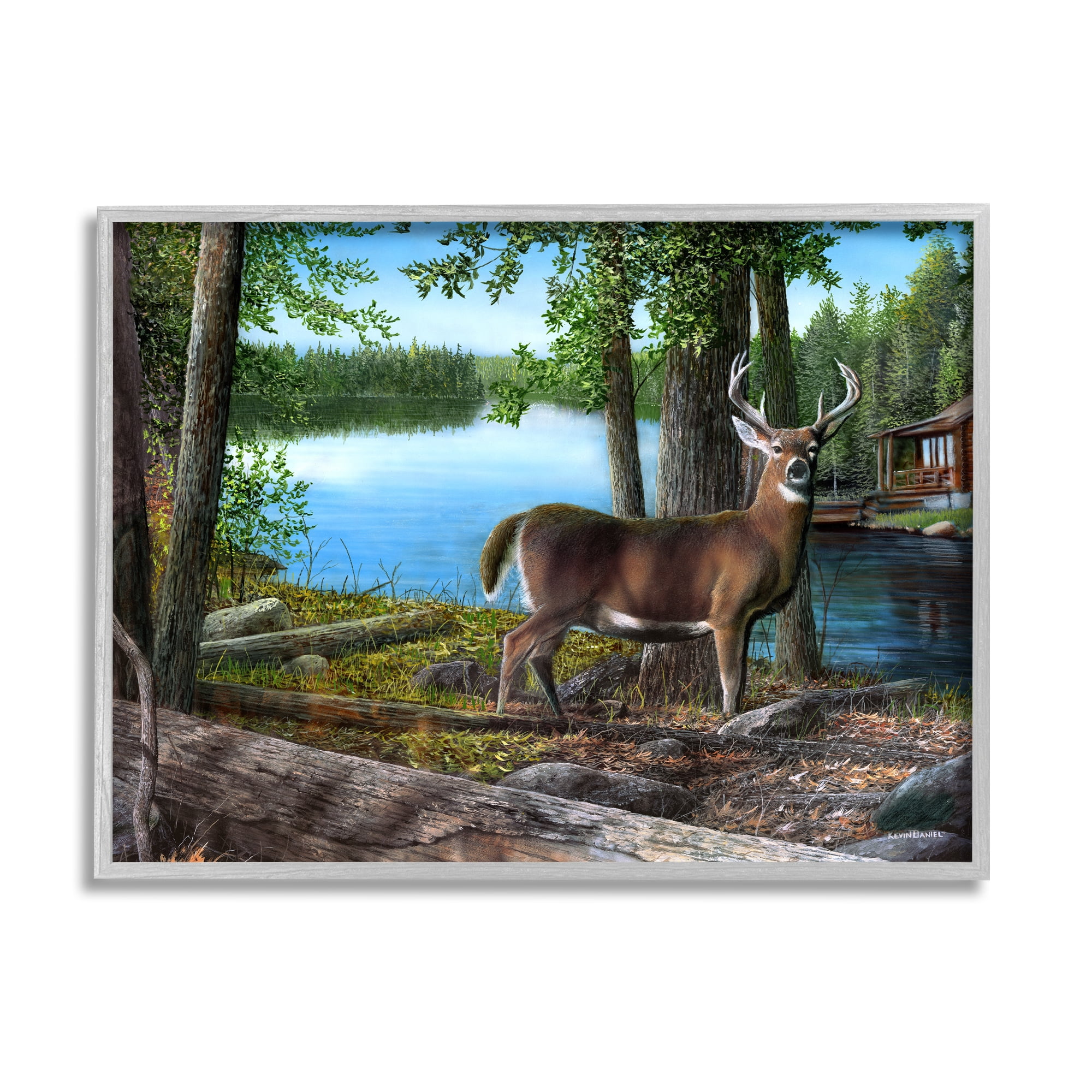 Stupell Industries Deer in Lake Cabin Forest Animals & Insects Painting Gray Framed Art Print Wall Art, 30 x 24