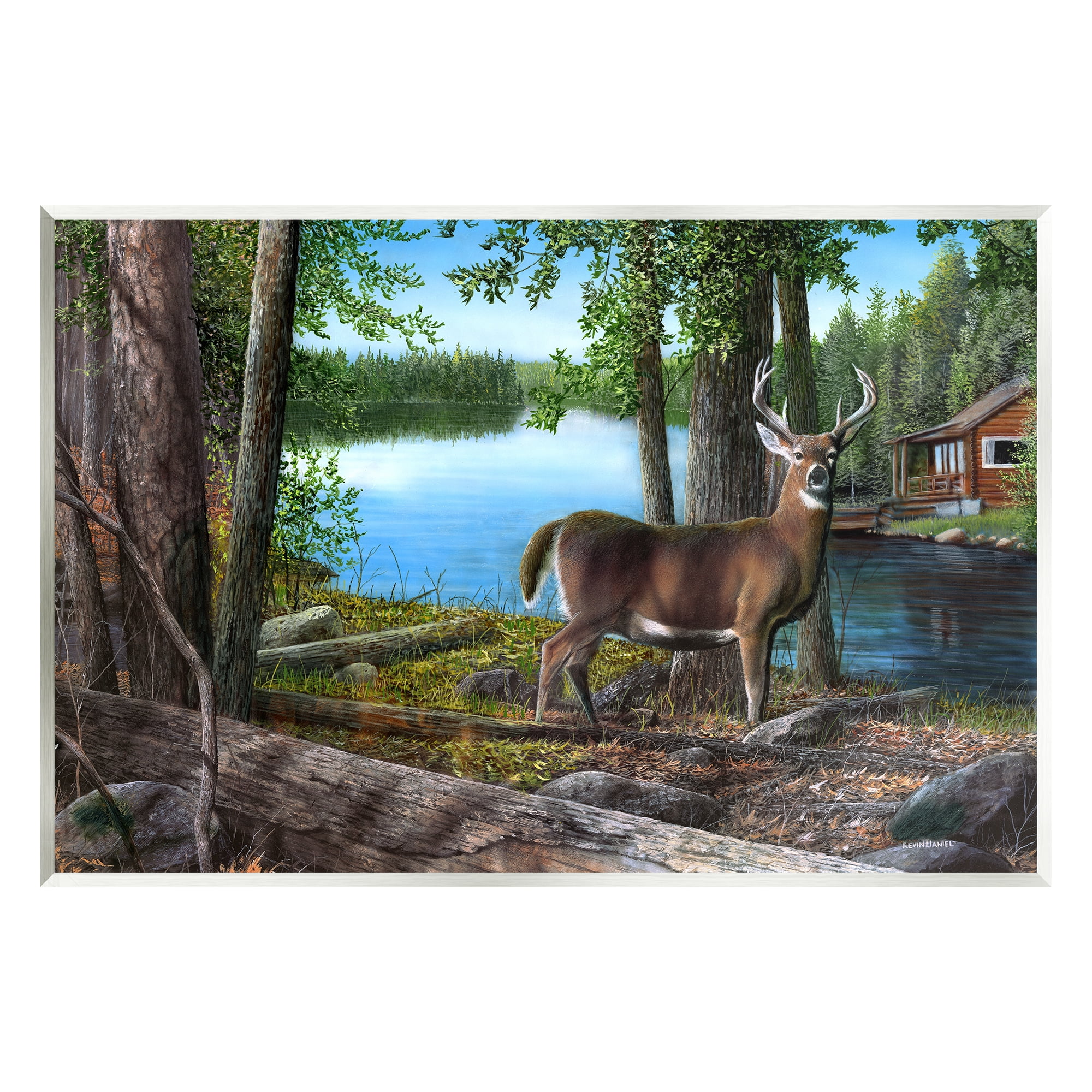 Stupell Industries Deer in Lake Cabin Forest Animals & Insects Painting Unframed Art Print Wall Art, 19 x 13