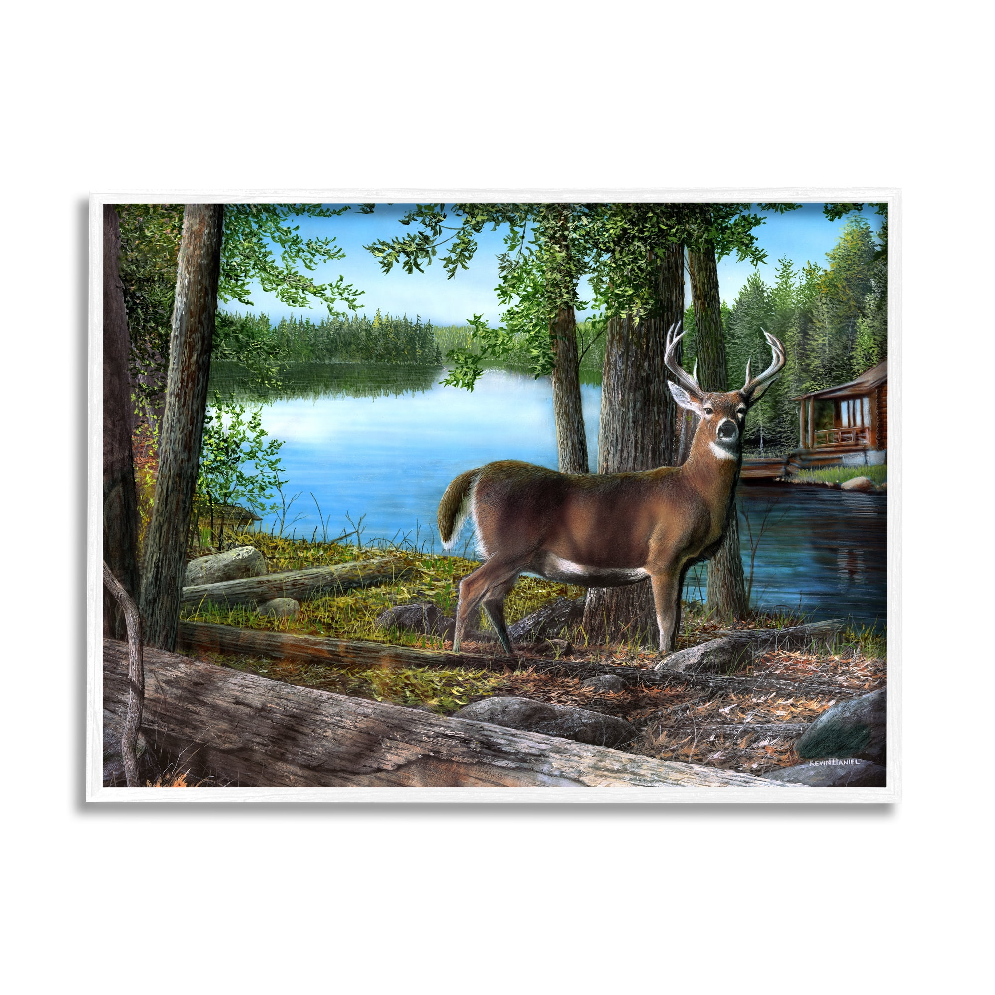 Stupell Industries Deer in Lake Cabin Forest Animals & Insects Painting White Framed Art Print Wall Art, 14 x 11