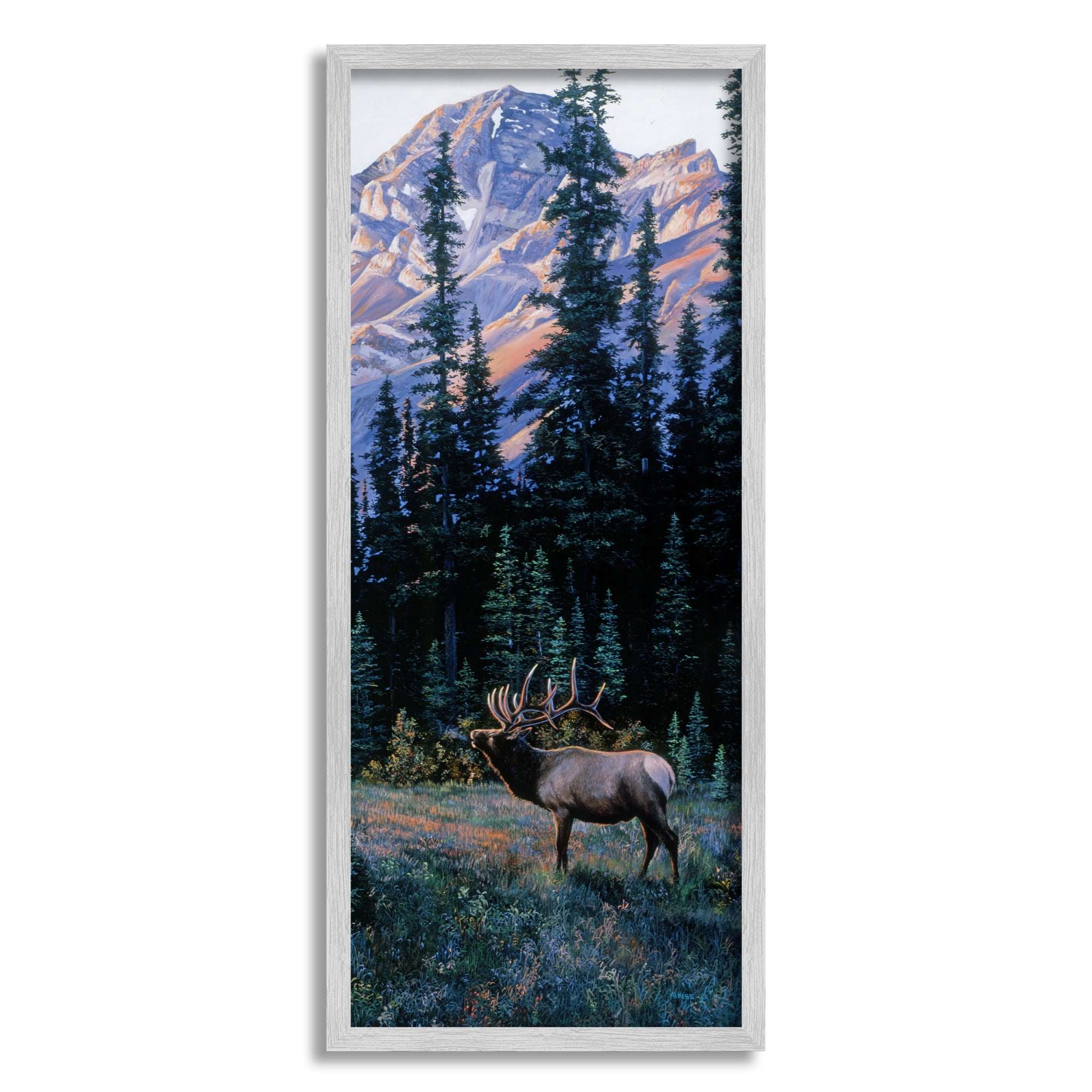 Stupell Industries Deer in Mountain Landscape Nature Painting Gray Framed Art Print Wall Art, 13 x 30