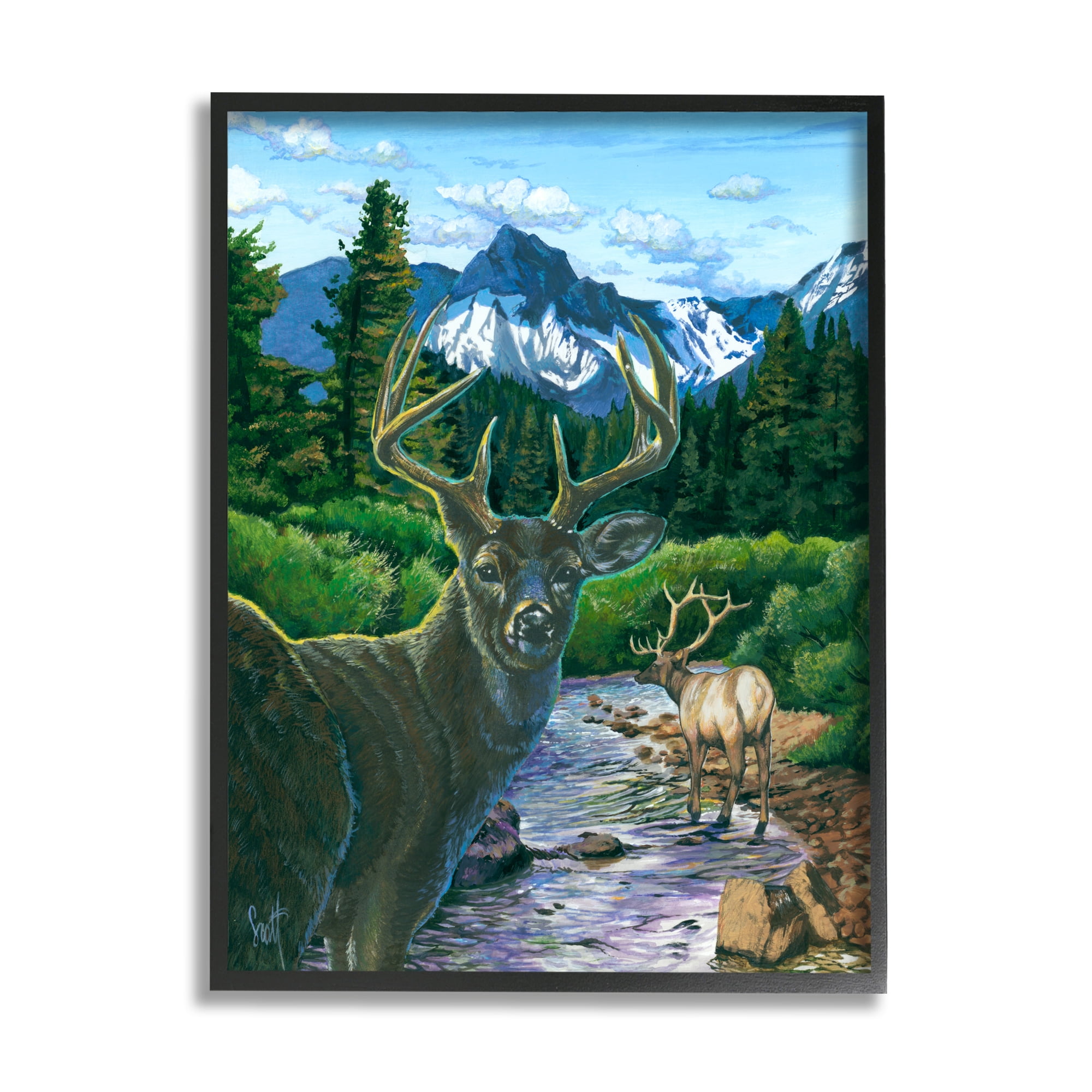 Stupell Industries Deer in Mountain Scenery Animals & Insects Painting Black Framed Art Print Wall Art, 24 x 30