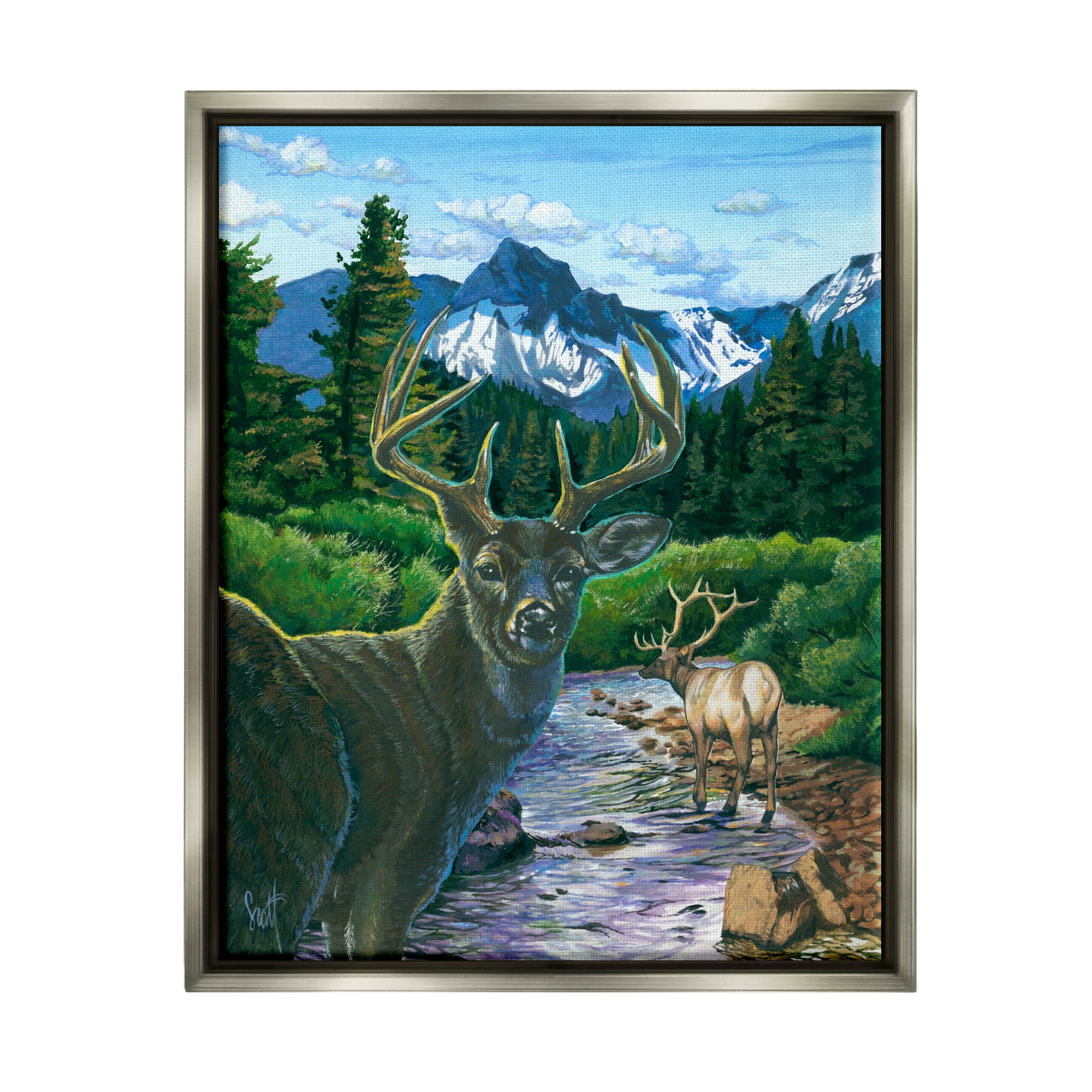Stupell Industries Deer in Mountain Scenery Animals & Insects Painting Gray Floater Framed Art Print Wall Art, 25 x 31