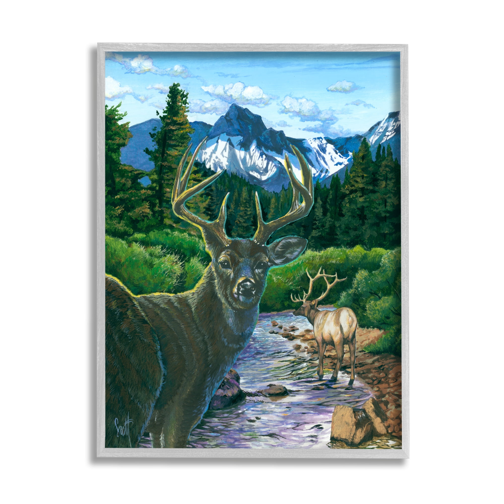 Stupell Industries Deer in Mountain Scenery Animals & Insects Painting Gray Framed Art Print Wall Art, 11 x 14