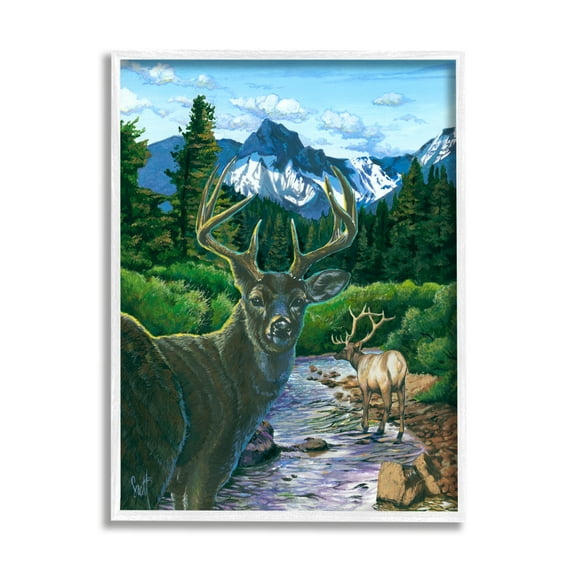 Stupell Industries Deer in Mountain Scenery Animals & Insects Painting White Framed Art Print Wall Art, 16 x 20