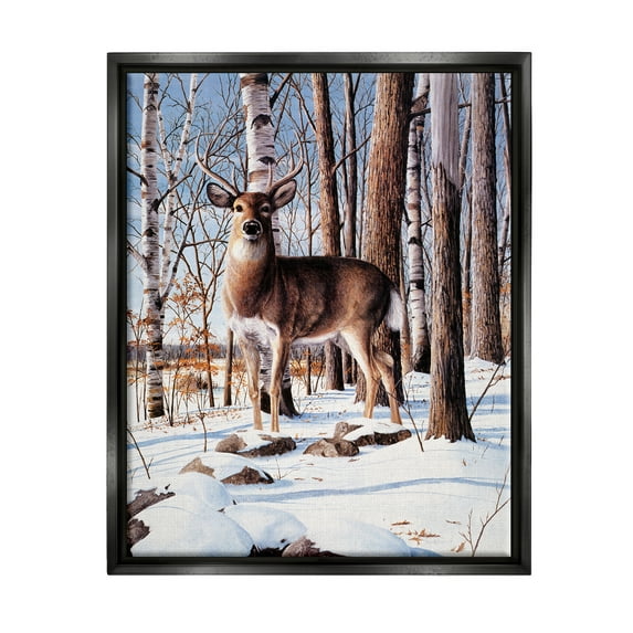 Stupell Industries Deer in Snowy Forest Landscape Animals & Insects Painting Black Floater Framed Art Print Wall Art, 25 x 31