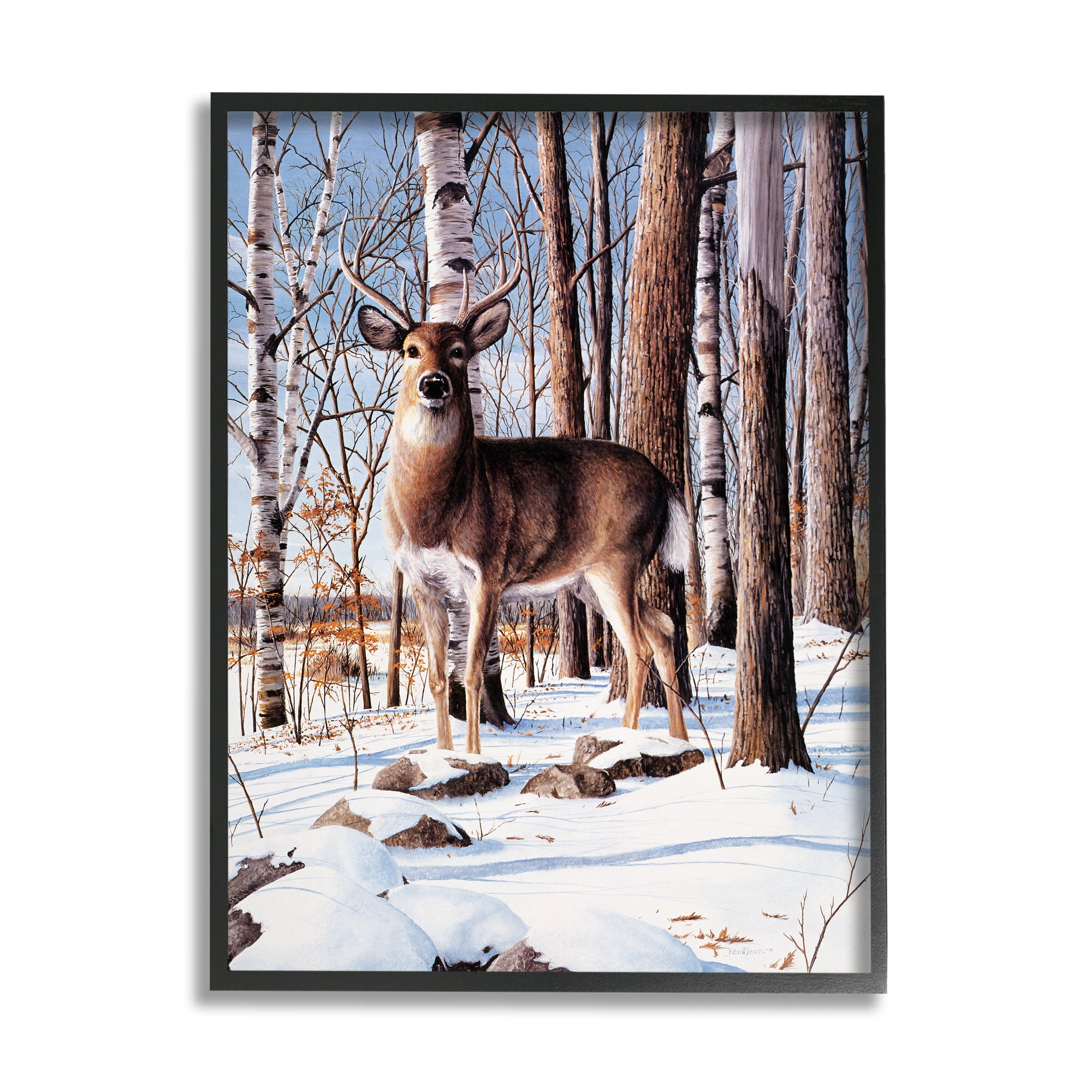 Stupell Industries Deer in Snowy Forest Landscape Animals & Insects Painting Black Framed Art Print Wall Art, 16 x 20