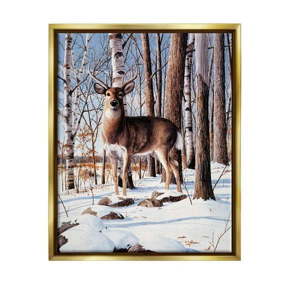 Stupell Industries Deer in Snowy Forest Landscape Animals & Insects Painting Gold Floater Framed Art Print Wall Art, 17 x 21