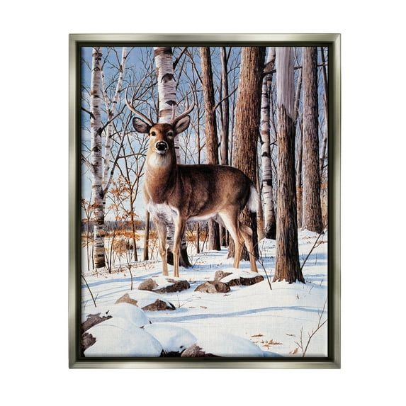 Stupell Industries Deer in Snowy Forest Landscape Animals & Insects Painting Gray Floater Framed Art Print Wall Art, 17 x 21