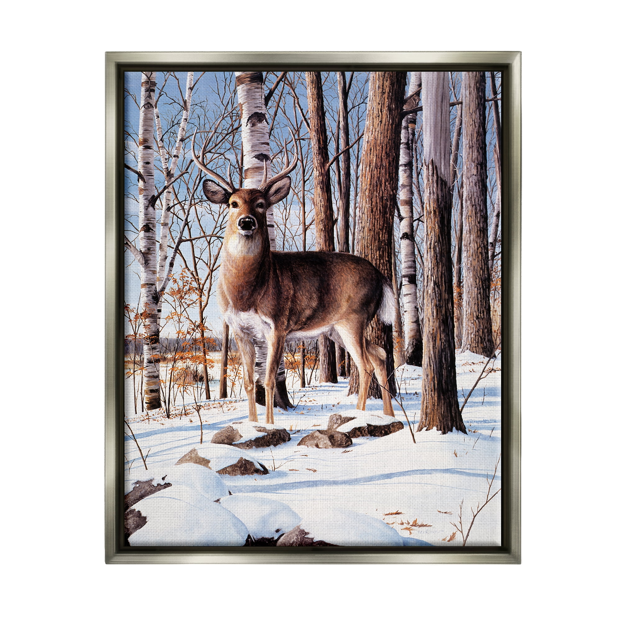 Stupell Industries Deer in Snowy Forest Landscape Animals & Insects Painting Gray Floater Framed Art Print Wall Art, 25 x 31