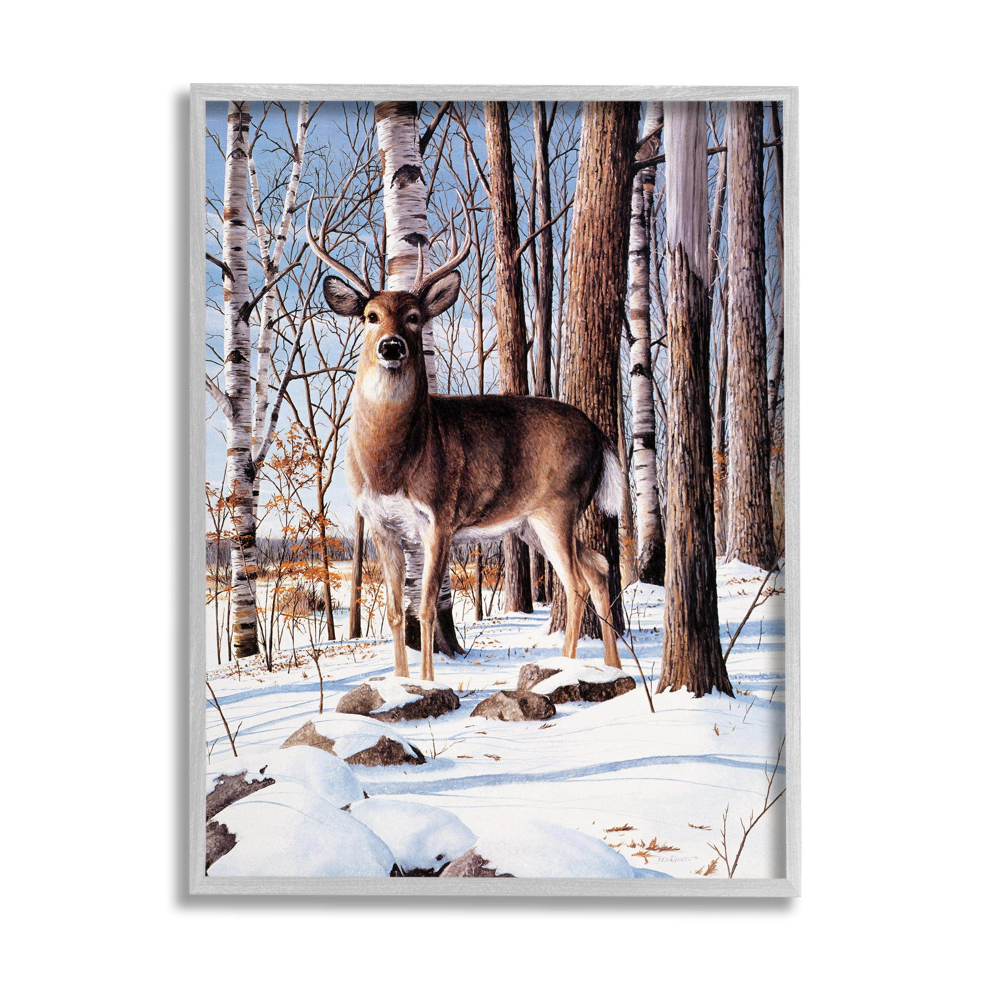 Stupell Industries Deer in Snowy Forest Landscape Animals & Insects Painting Gray Framed Art Print Wall Art, 11 x 14