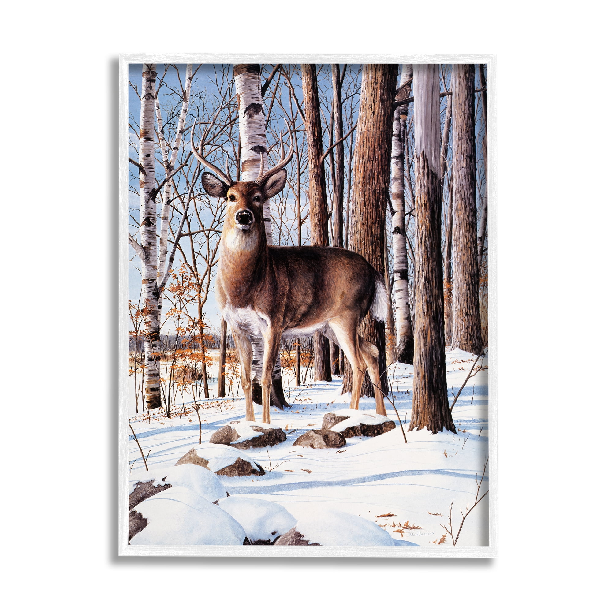 Stupell Industries Deer in Snowy Forest Landscape Animals & Insects Painting White Framed Art Print Wall Art, 24 x 30