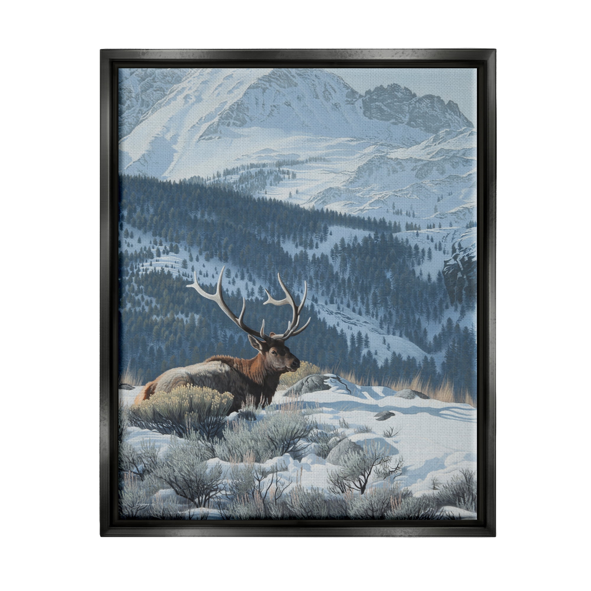 Stupell Industries Deer in Snowy Mountains Nature Painting Black Floater Framed Art Print Wall Art, 25 x 31