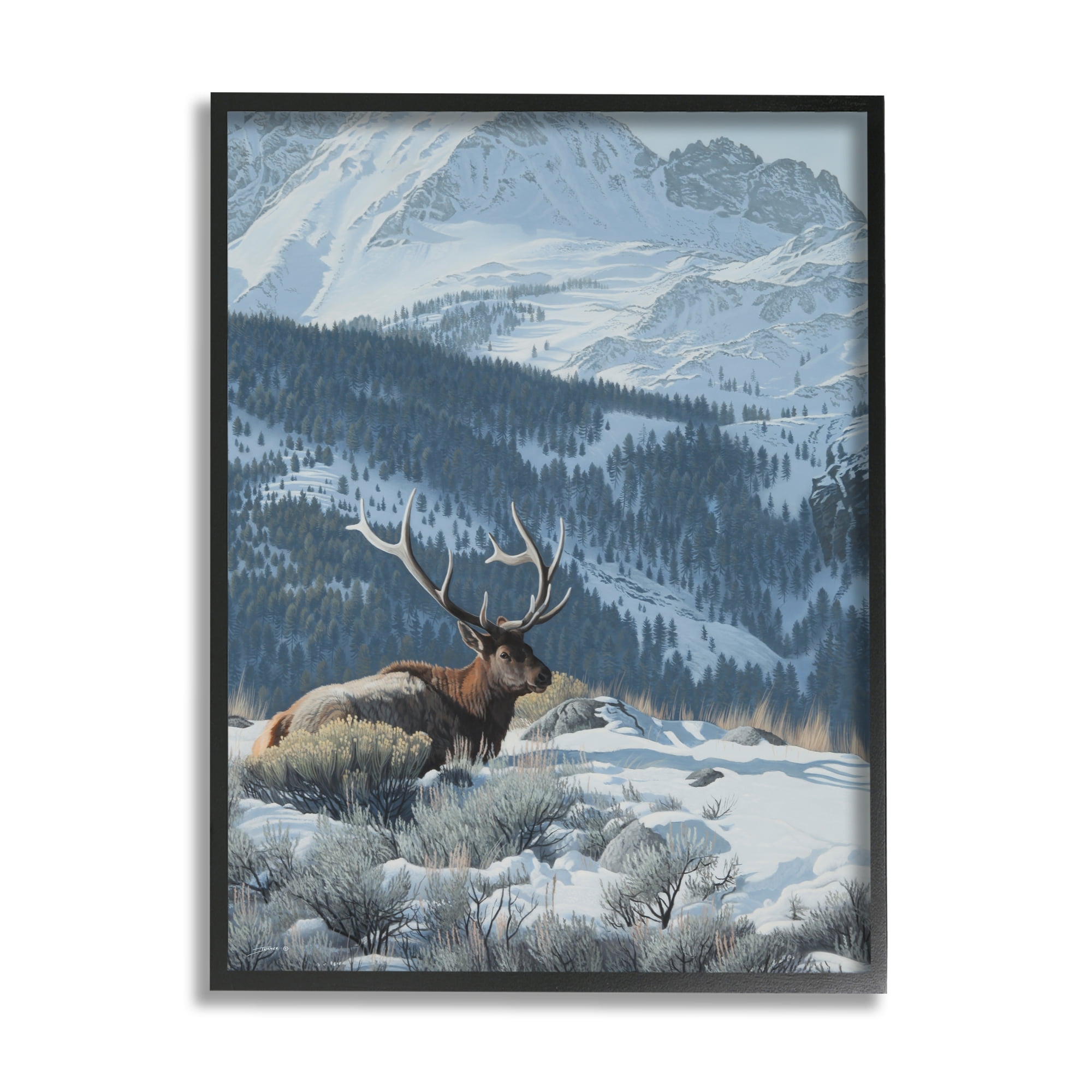 Stupell Industries Deer in Snowy Mountains Nature Painting Black Framed Art Print Wall Art, 24 x 30