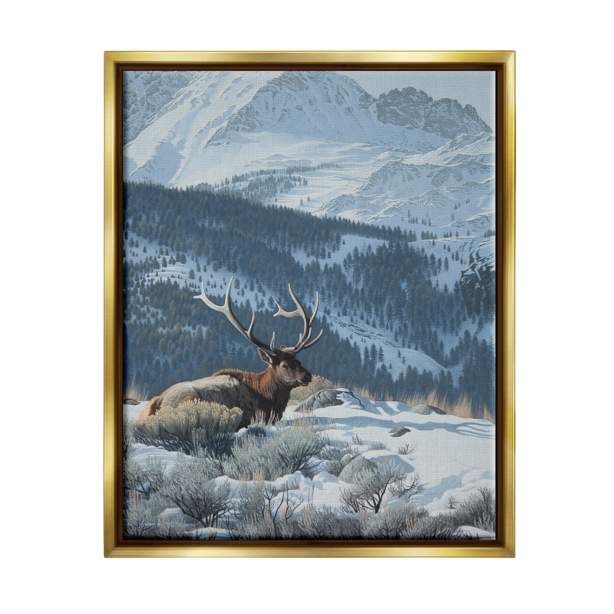 Stupell Industries Deer in Snowy Mountains Nature Painting Gold Floater Framed Art Print Wall Art, 17 x 21