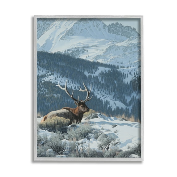 Stupell Industries Deer in Snowy Mountains Nature Painting Gray Framed Art Print Wall Art, 16 x 20