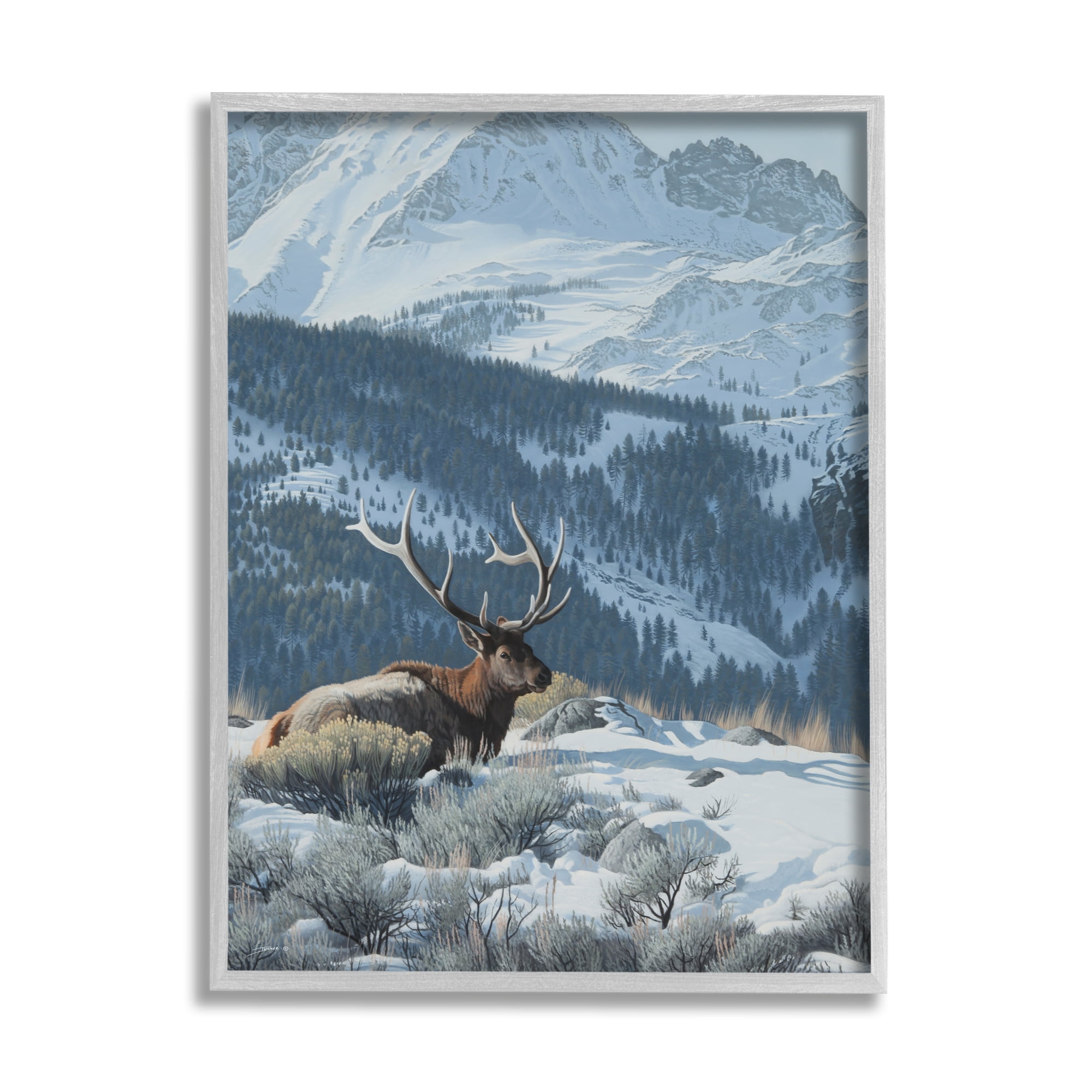 Stupell Industries Deer in Snowy Mountains Nature Painting Gray Framed Art Print Wall Art, 24 x 30