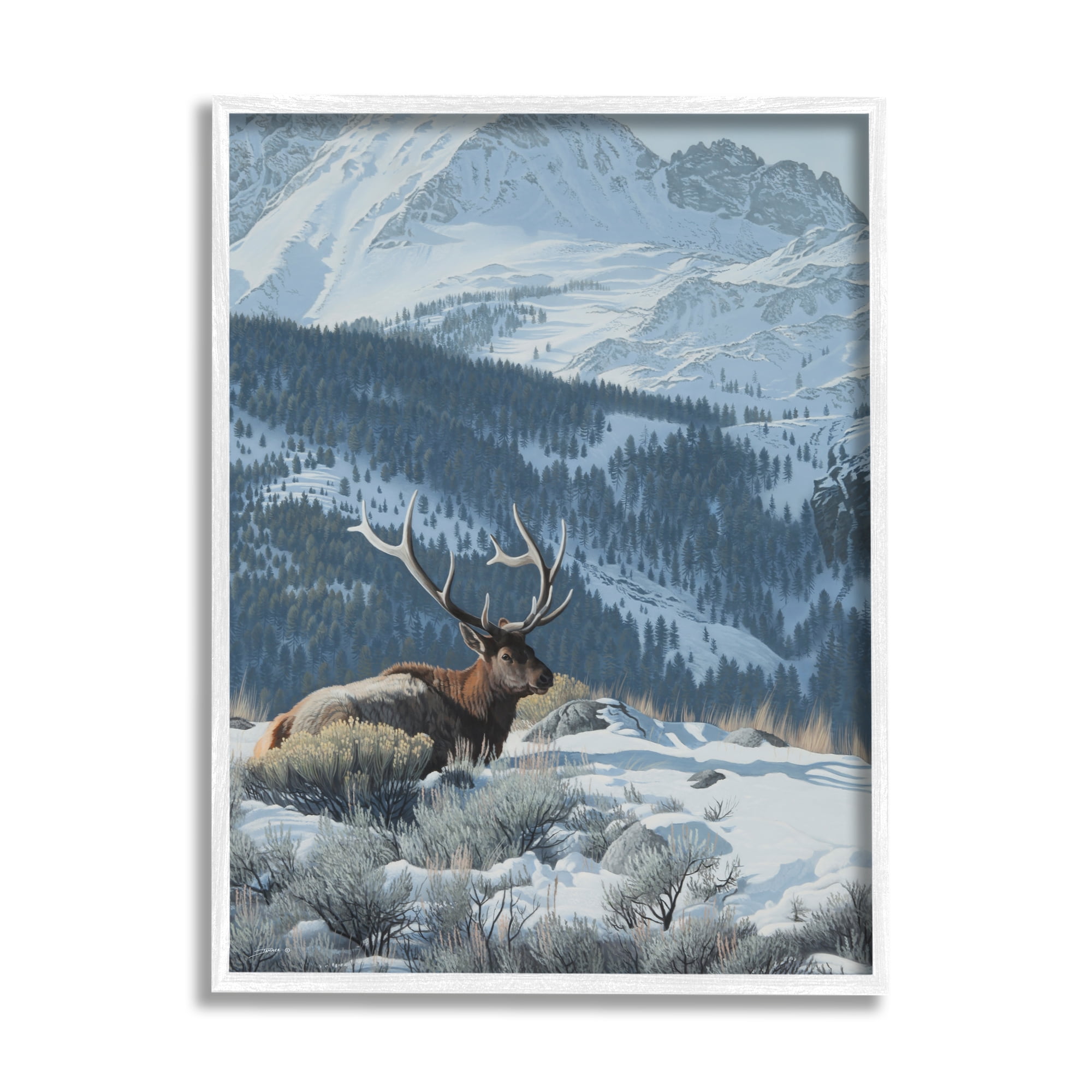 Stupell Industries Deer in Snowy Mountains Nature Painting White Framed Art Print Wall Art, 16 x 20