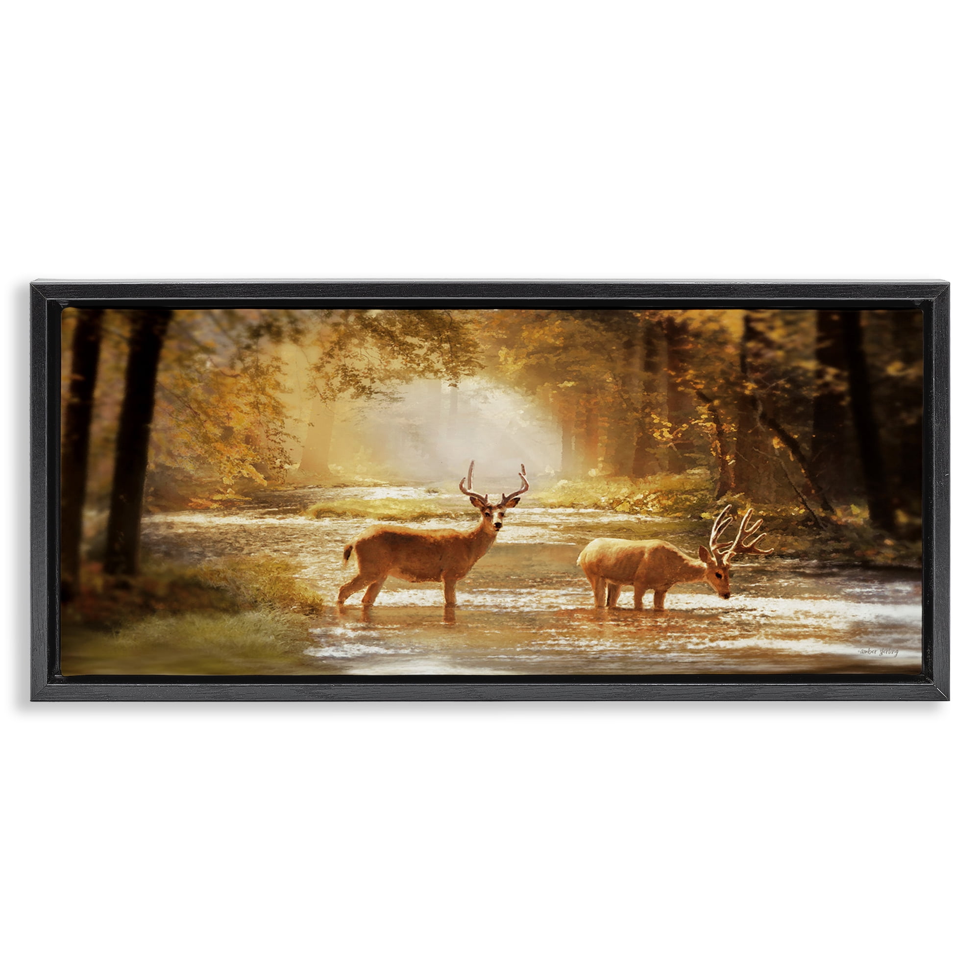Stupell Industries Deer in Sunlit Grove Landscape Painting Black Floater Framed Art Print Wall Art, 25 x 11