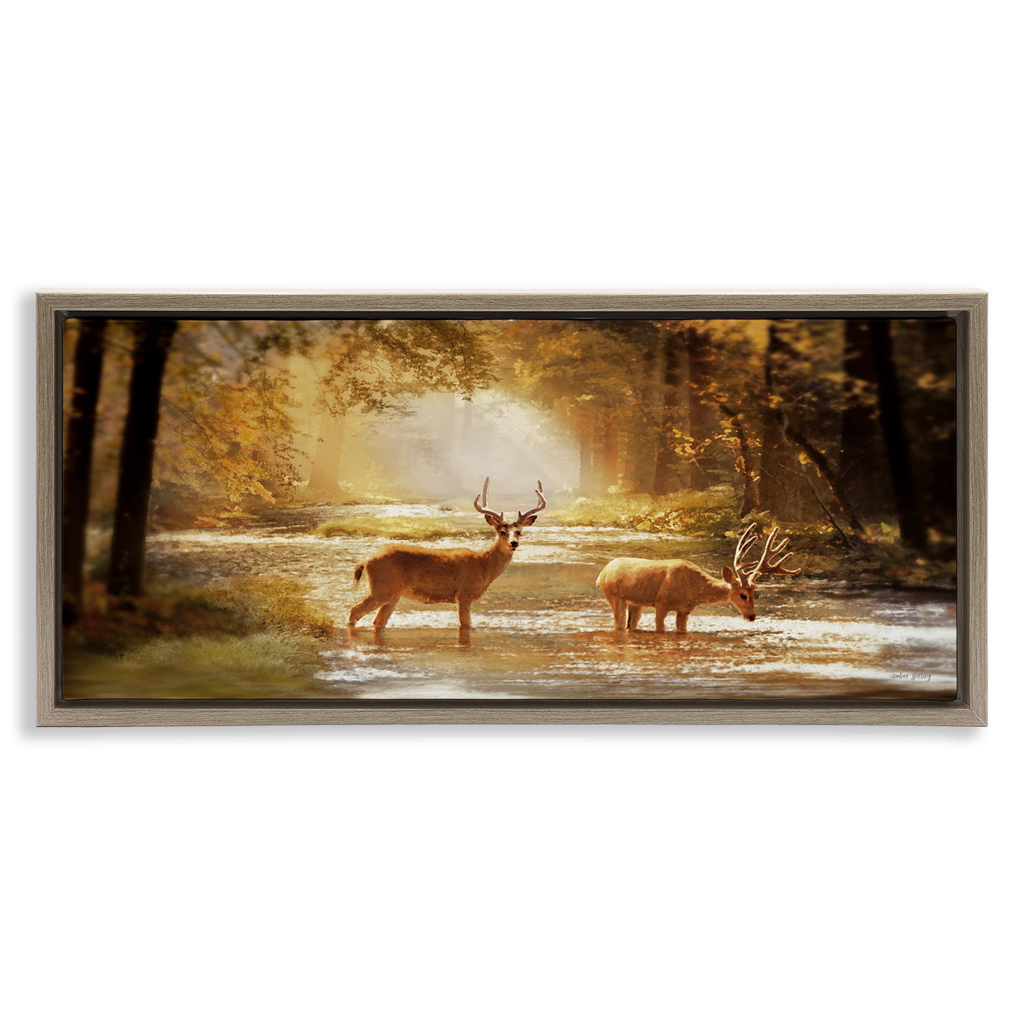 Stupell Industries Deer in Sunlit Grove Landscape Painting Brown Floater Framed Art Print Wall Art, 31 x 14