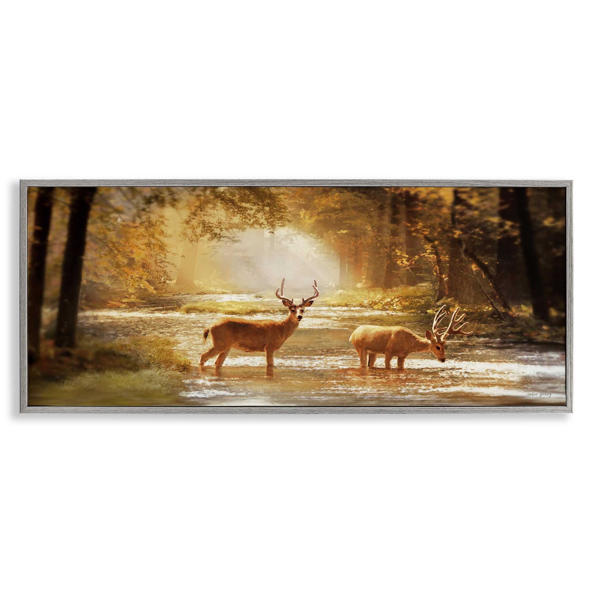Stupell Industries Deer in Sunlit Grove Landscape Painting Gray Framed Art Print Wall Art, 30 x 13