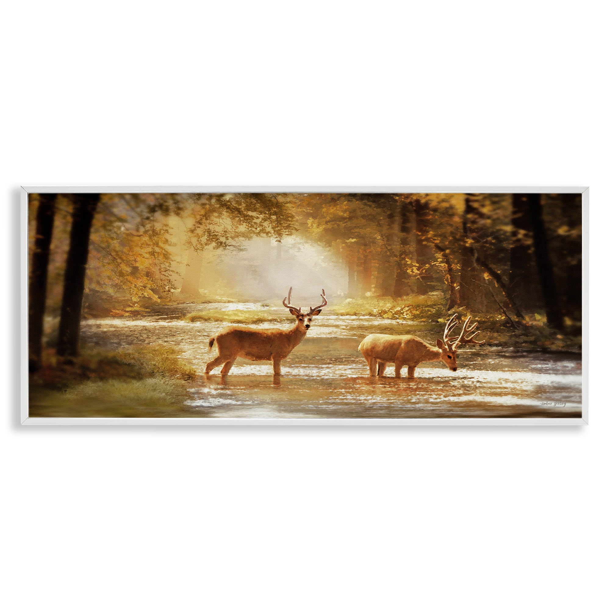 Stupell Industries Deer in Sunlit Grove Landscape Painting White Framed Art Print Wall Art, 30 x 13