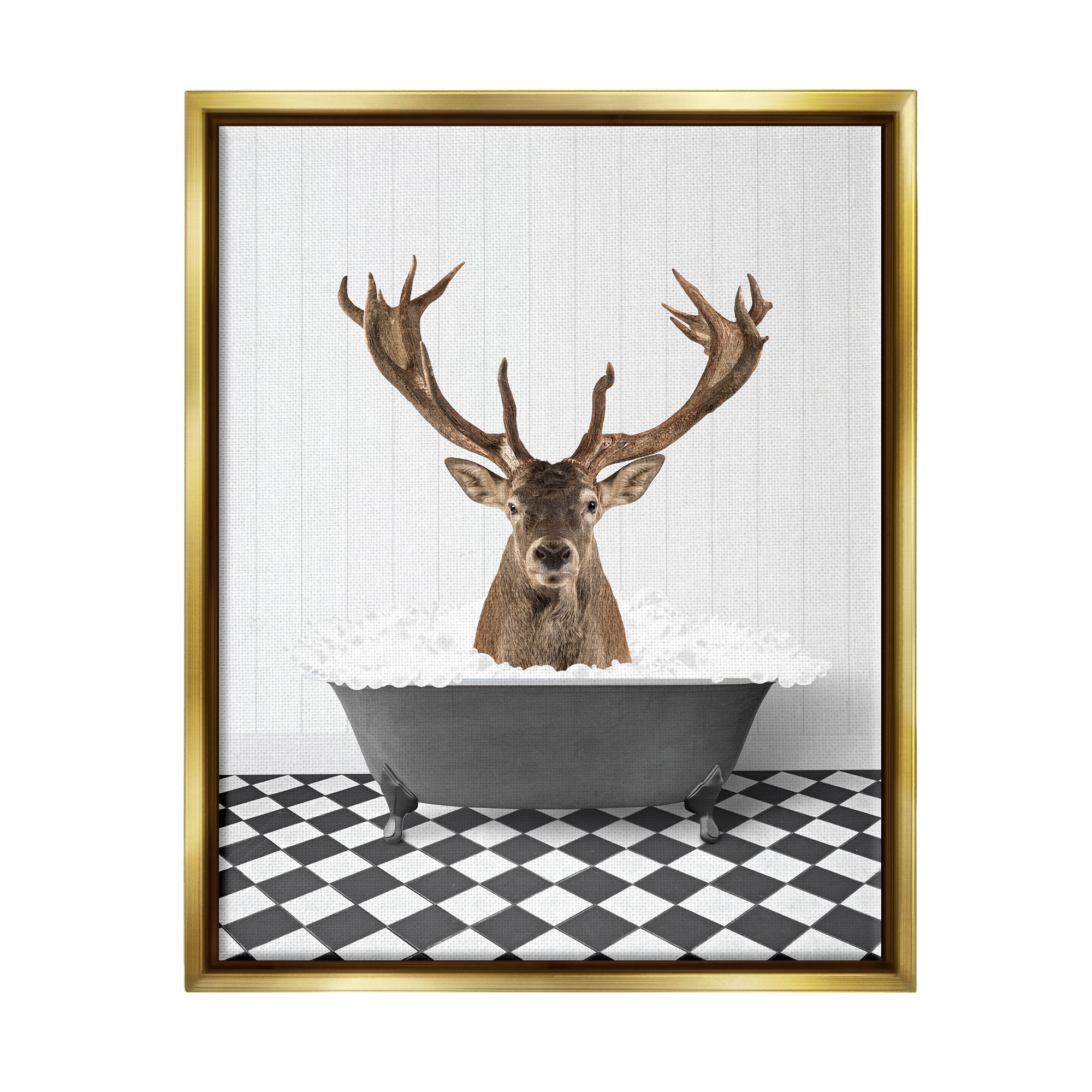 Stupell Industries Deer in Vintage Bathroom Animals & Insects Painting Gold Floater Framed Art Print Wall Art, 17 x 21