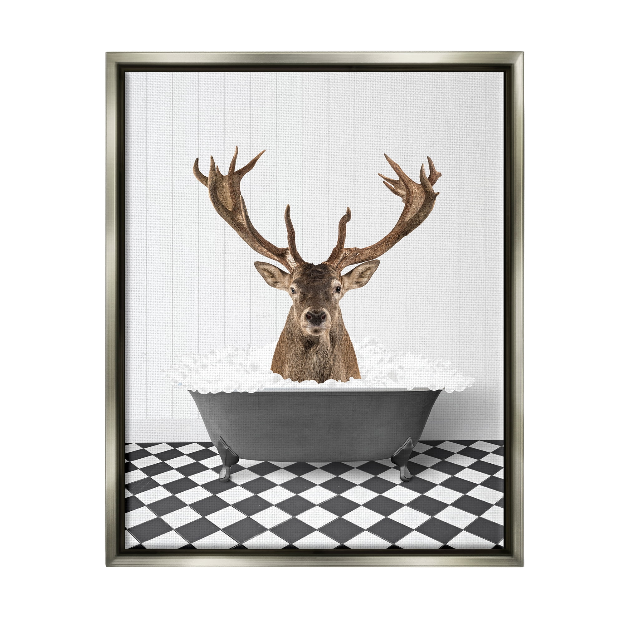 Stupell Industries Deer in Vintage Bathroom Animals & Insects Painting Gray Floater Framed Art Print Wall Art, 25 x 31