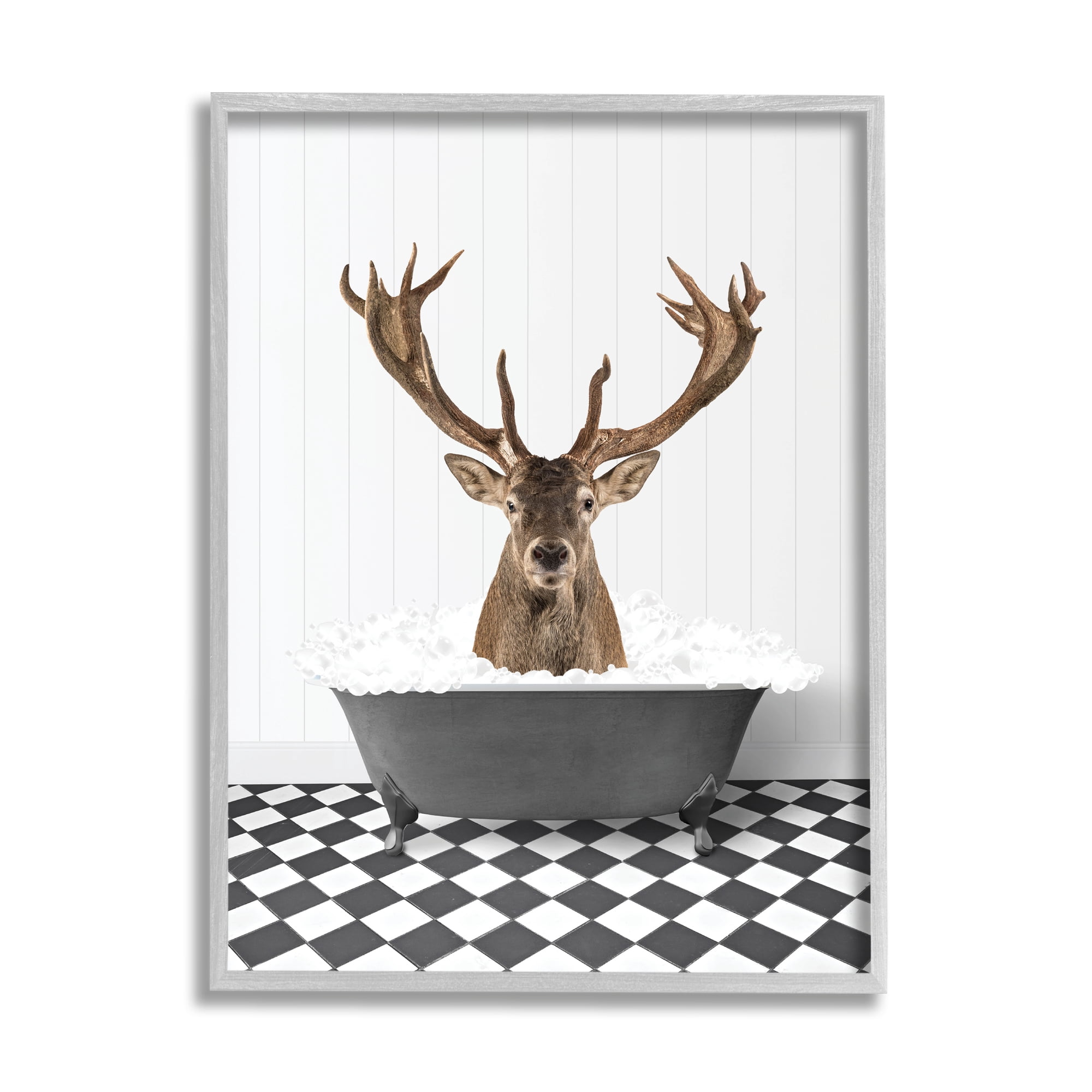 Stupell Industries Deer in Vintage Bathroom Animals & Insects Painting Gray Framed Art Print Wall Art, 16 x 20