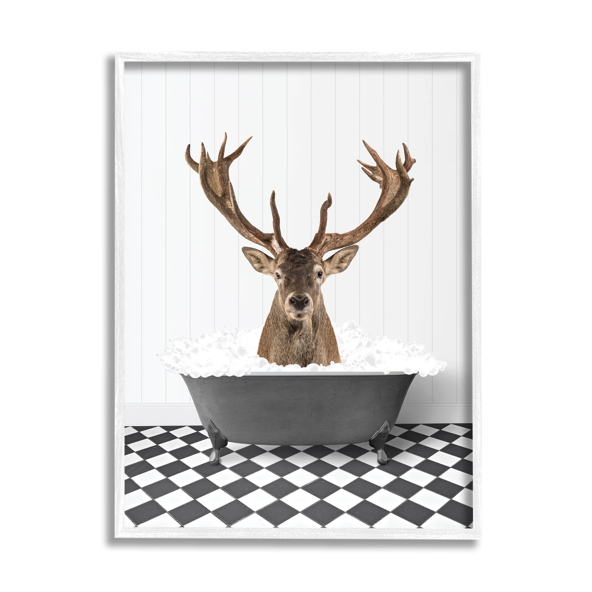 Stupell Industries Deer in Vintage Bathroom Animals & Insects Painting White Framed Art Print Wall Art, 11 x 14