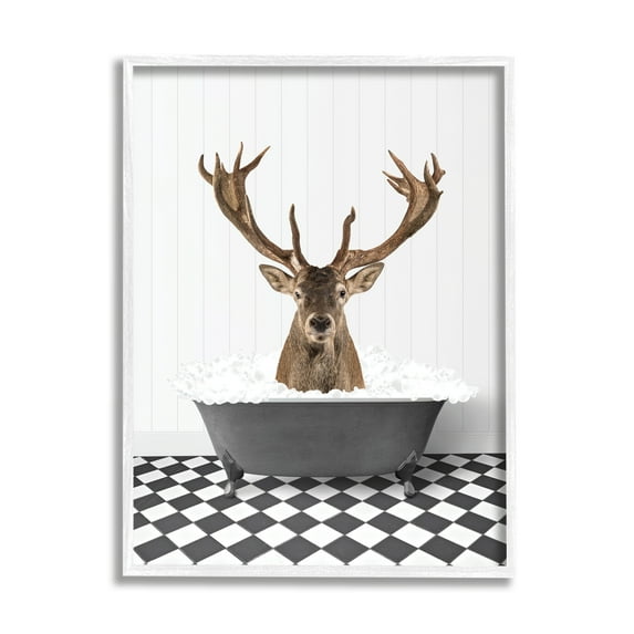 Stupell Industries Deer in Vintage Bathroom Animals & Insects Painting White Framed Art Print Wall Art, 24 x 30