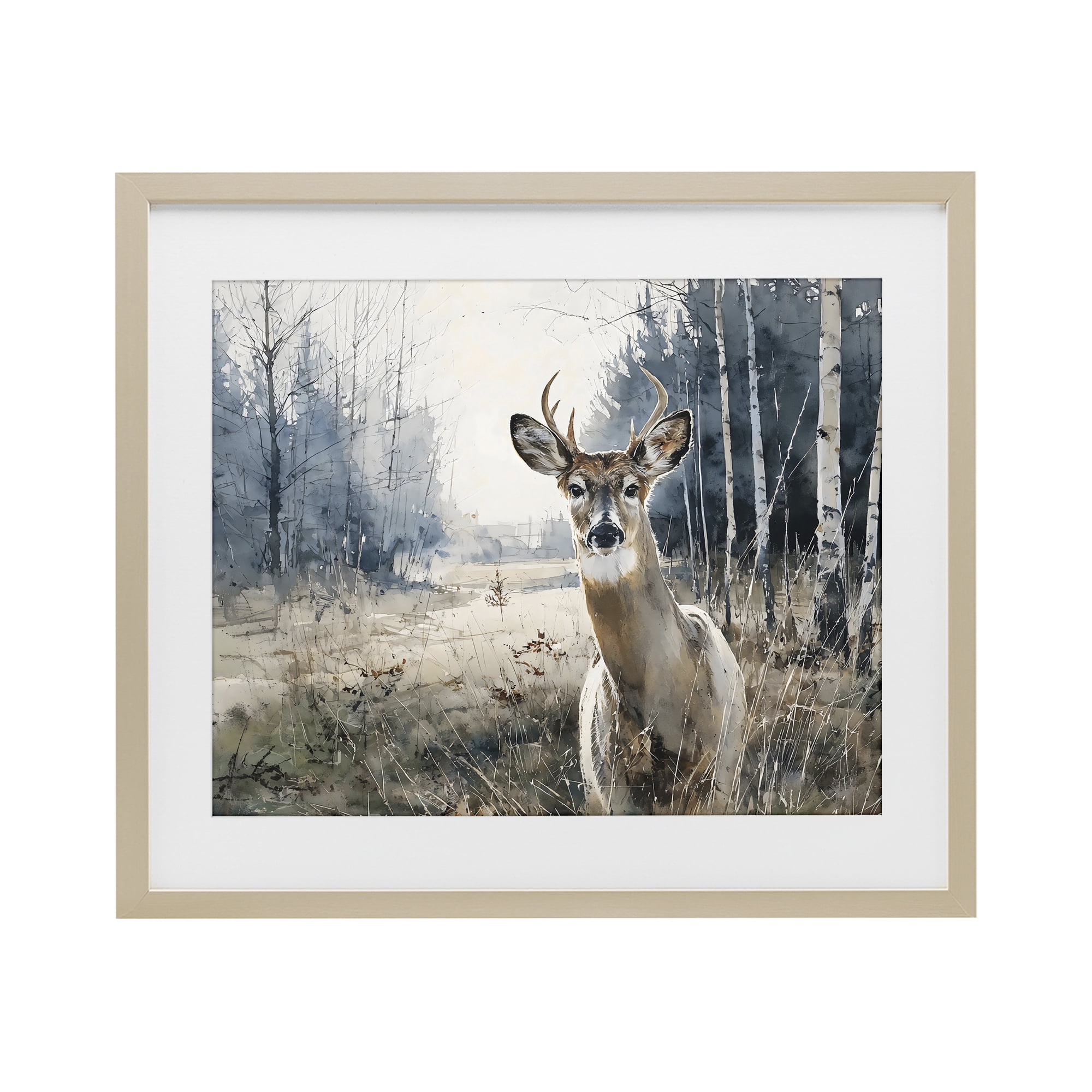 Stupell Industries Deer in Winter Wilderness Birch Framed Print Under Glass, design by Franklyn Gregory