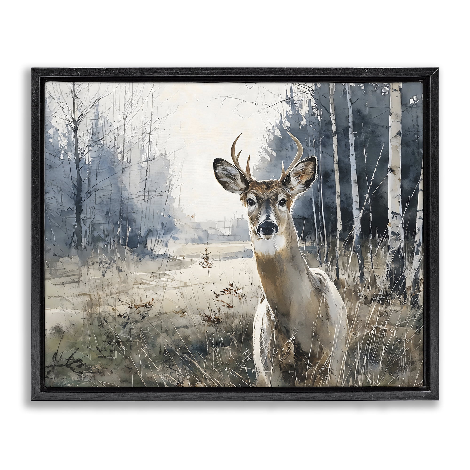Stupell Industries Deer in Winter Wilderness Black Framed Floater Canvas Wall Art, design by Franklyn Gregory