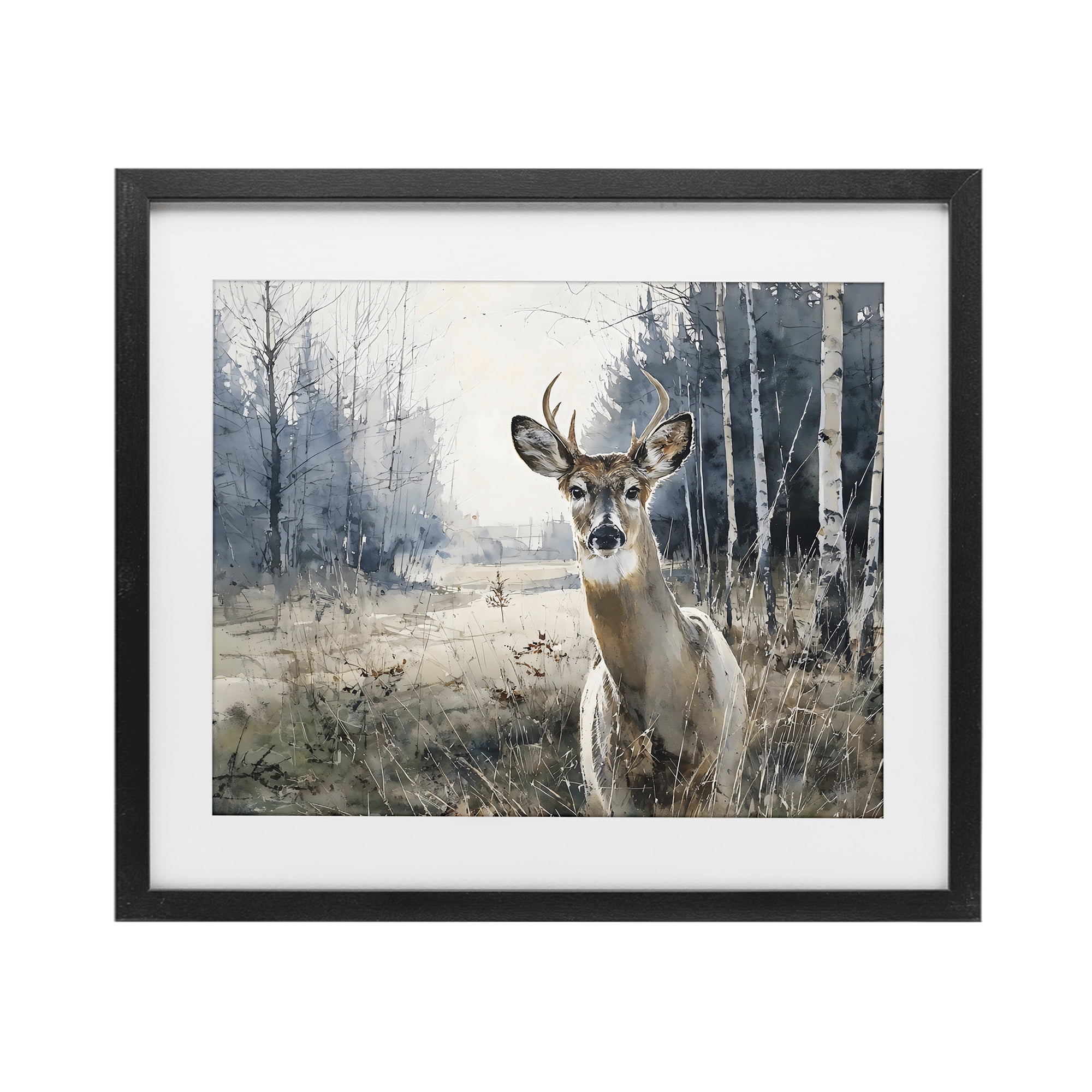 Stupell Industries Deer in Winter Wilderness Black Framed Print Under Glass, design by Franklyn Gregory