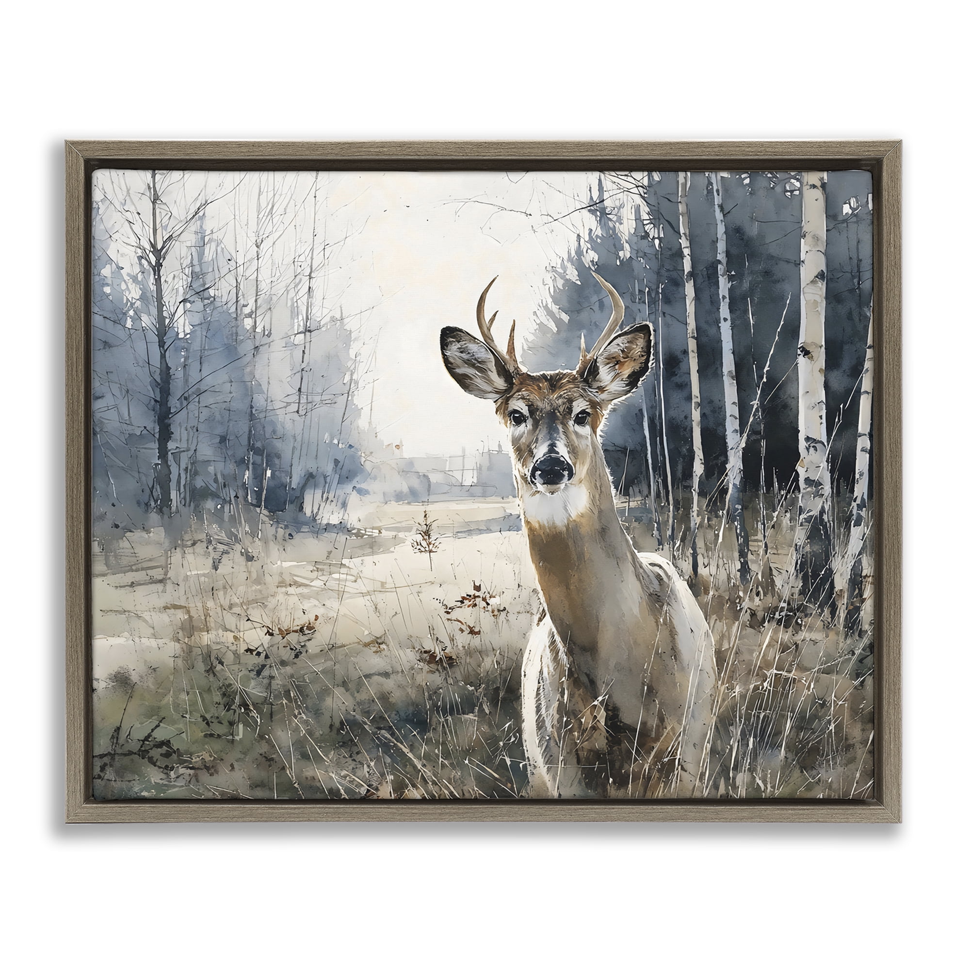Stupell Industries Deer in Winter Wilderness Brown Framed Floater Canvas Wall Art, design by Franklyn Gregory