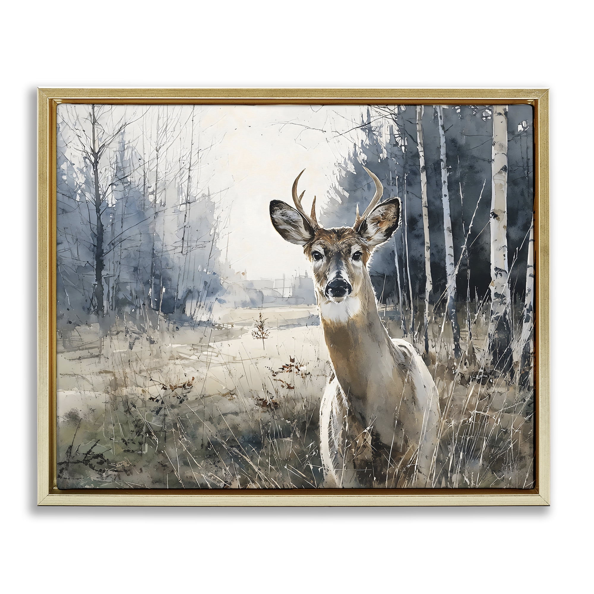 Stupell Industries Deer in Winter Wilderness Gold Framed Floater Canvas Wall Art, design by Franklyn Gregory