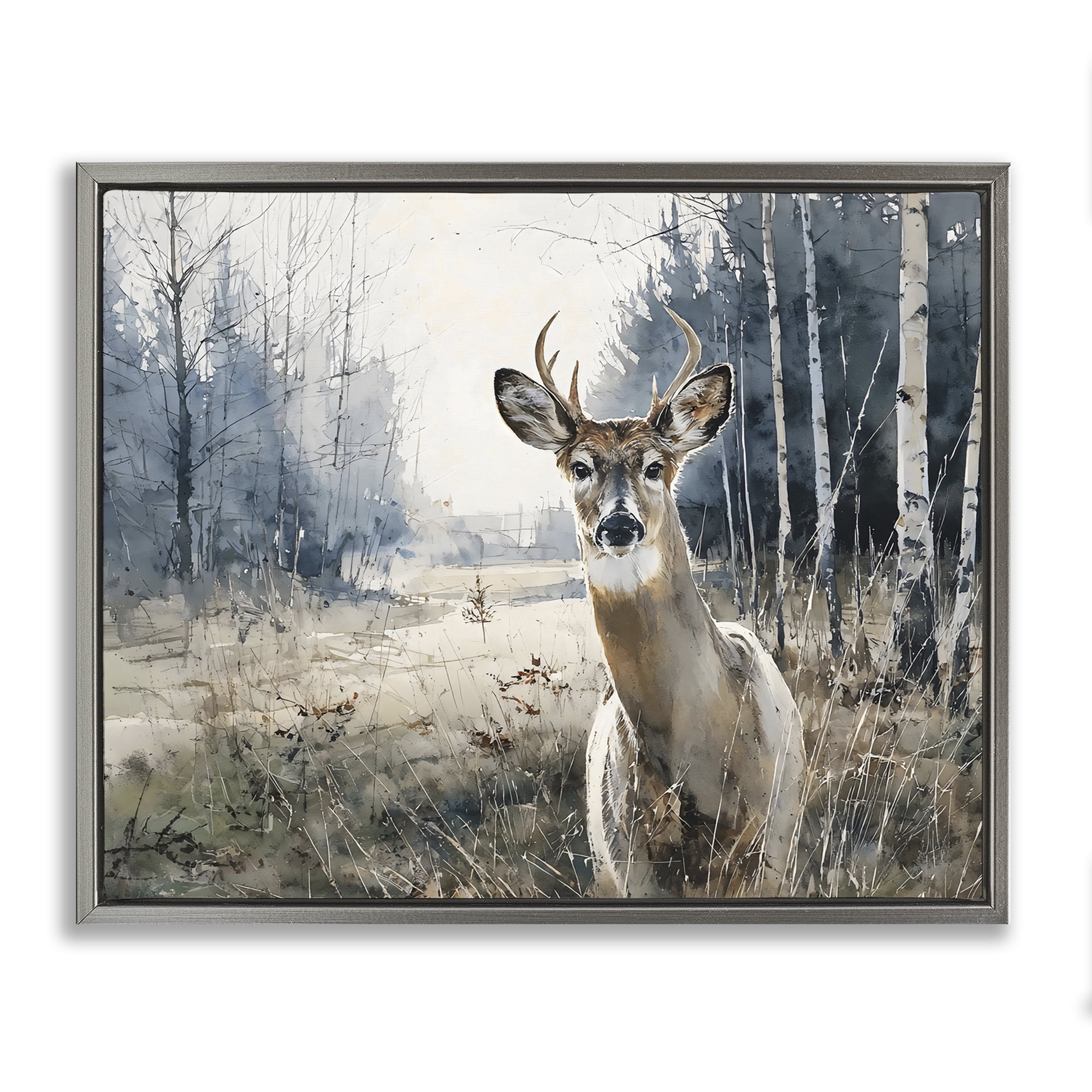 Stupell Industries Deer in Winter Wilderness Gray Framed Floater Canvas Wall Art, design by Franklyn Gregory